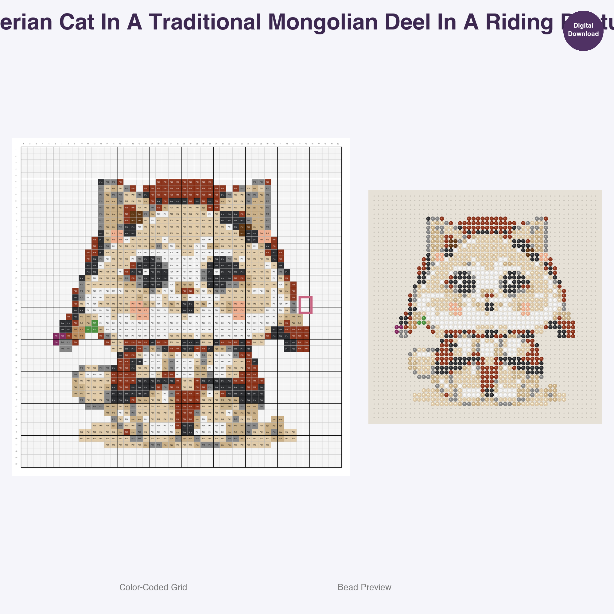 Feline Folkloric Fashions Perler Bead Patterns, 48 Designs x 3 Grid Sizes (29x29 + 50x50 + 128x128), Fuse Bead PDF Digital Download