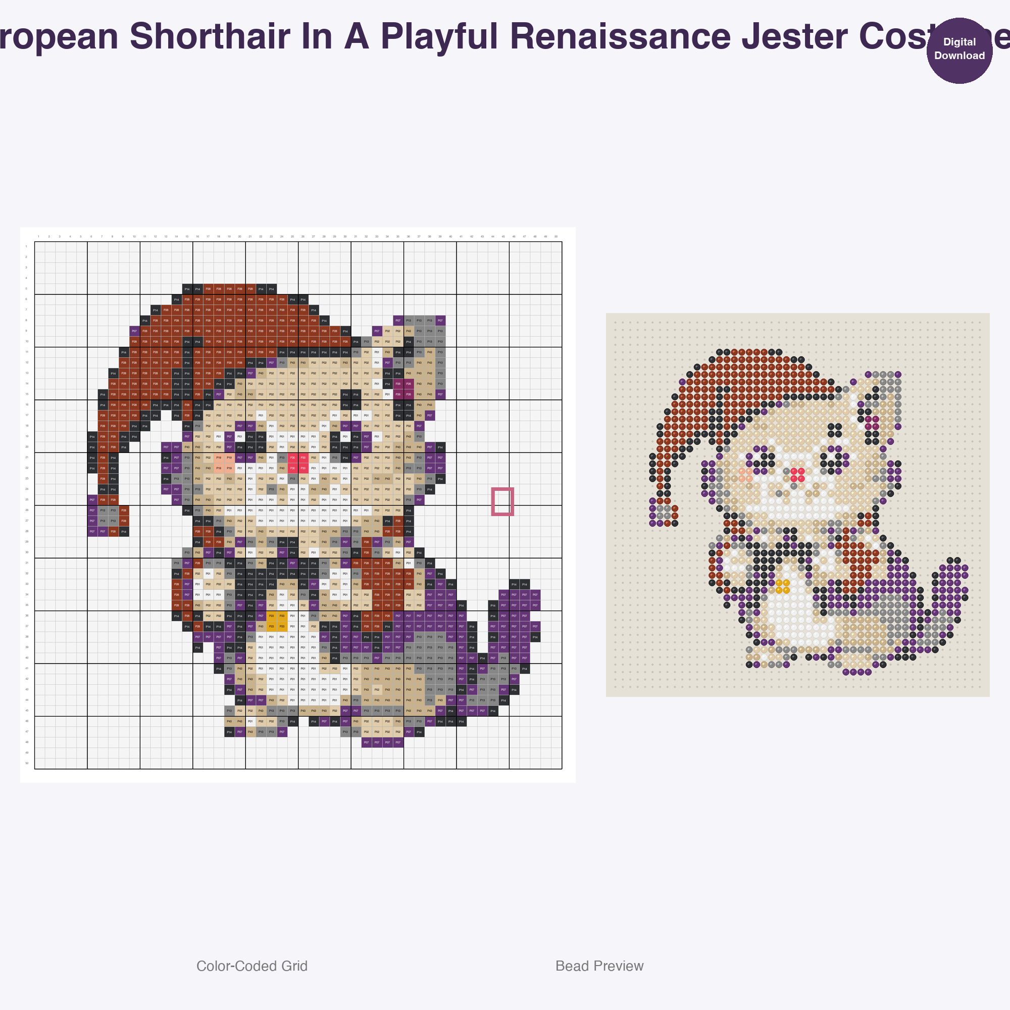 Feline Folkloric Fashions Perler Bead Patterns, 48 Designs x 3 Grid Sizes (29x29 + 50x50 + 128x128), Fuse Bead PDF Digital Download