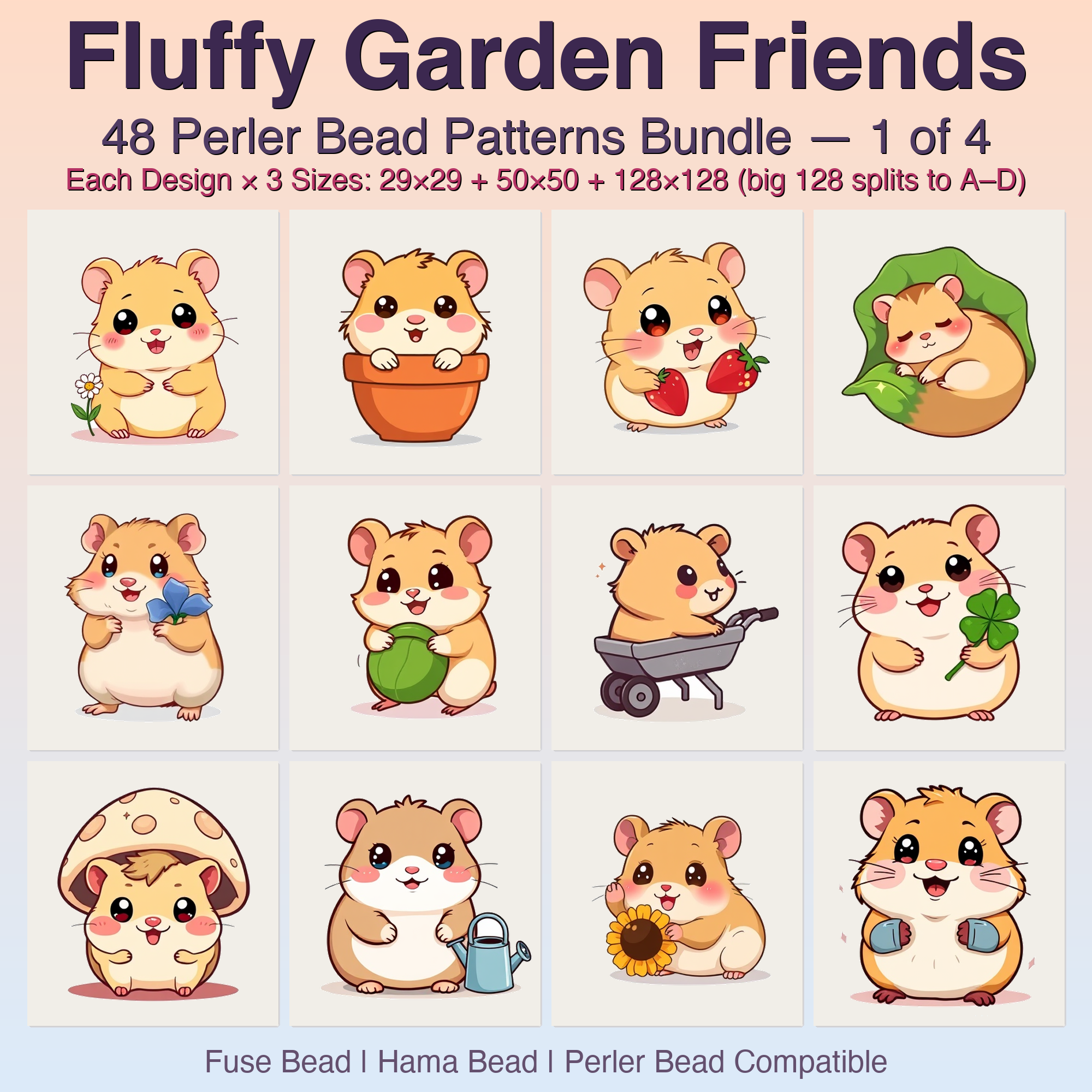 Fluffy Garden Friends Perler Bead Patterns, 48 Designs x 3 Grid Sizes (29x29 + 50x50 + 128x128), Fuse Bead PDF Digital Download