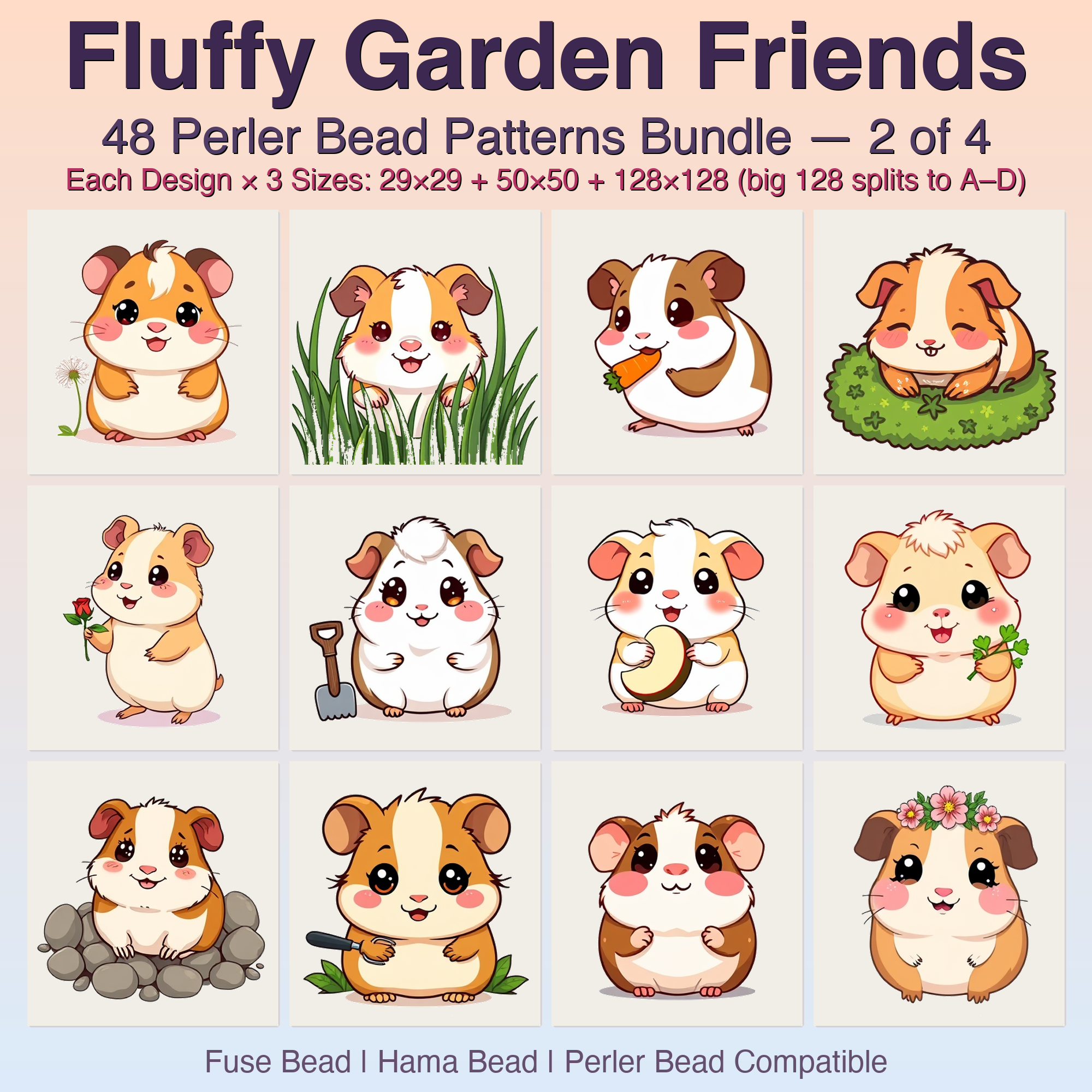 Fluffy Garden Friends Perler Bead Patterns, 48 Designs x 3 Grid Sizes (29x29 + 50x50 + 128x128), Fuse Bead PDF Digital Download