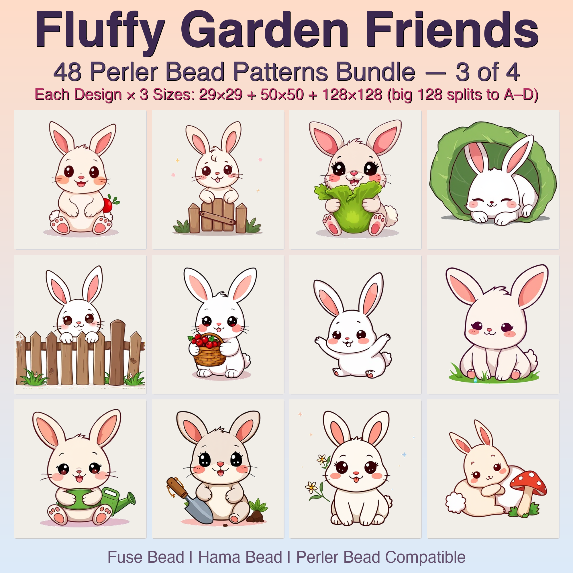 Fluffy Garden Friends Perler Bead Patterns, 48 Designs x 3 Grid Sizes (29x29 + 50x50 + 128x128), Fuse Bead PDF Digital Download