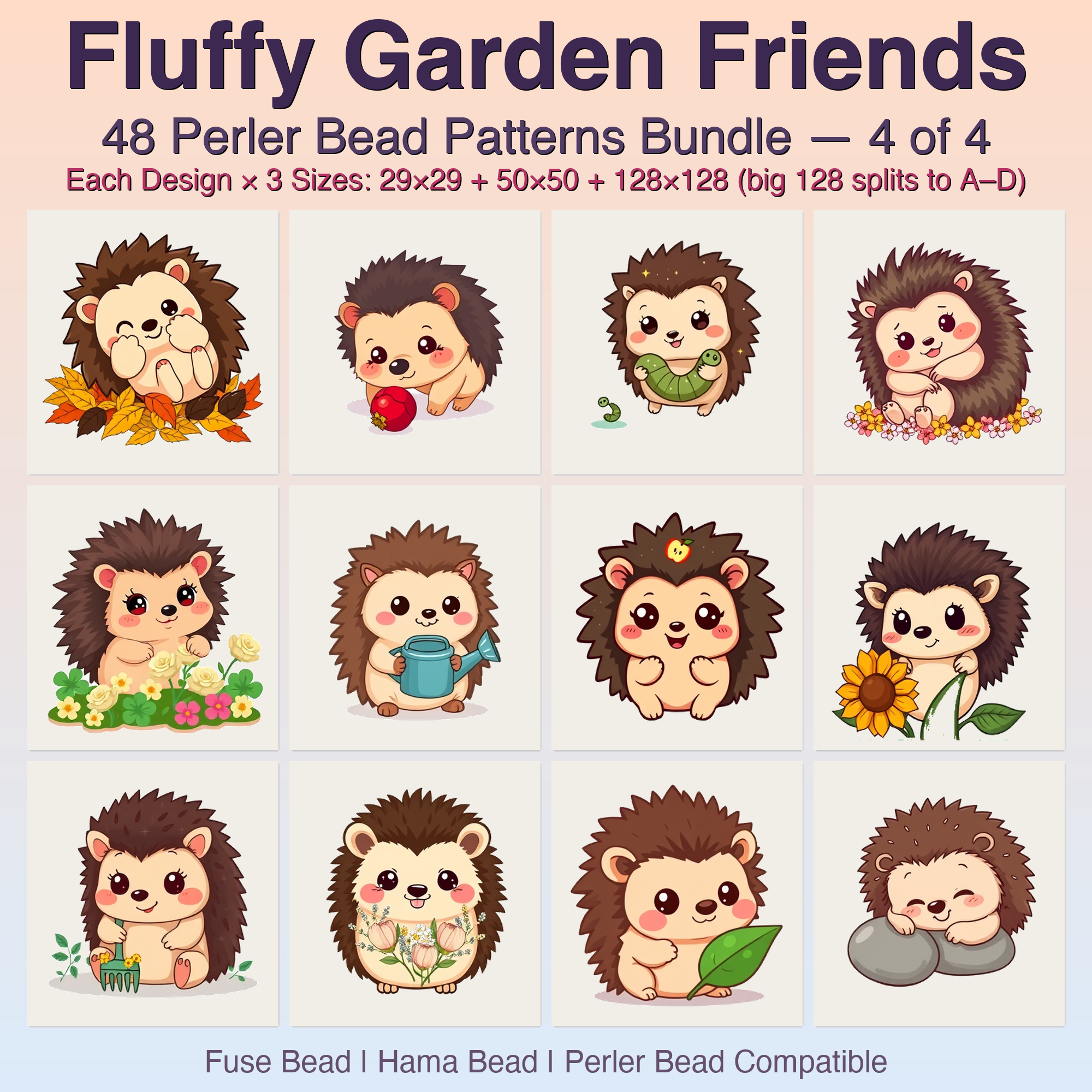 Fluffy Garden Friends Perler Bead Patterns, 48 Designs x 3 Grid Sizes (29x29 + 50x50 + 128x128), Fuse Bead PDF Digital Download