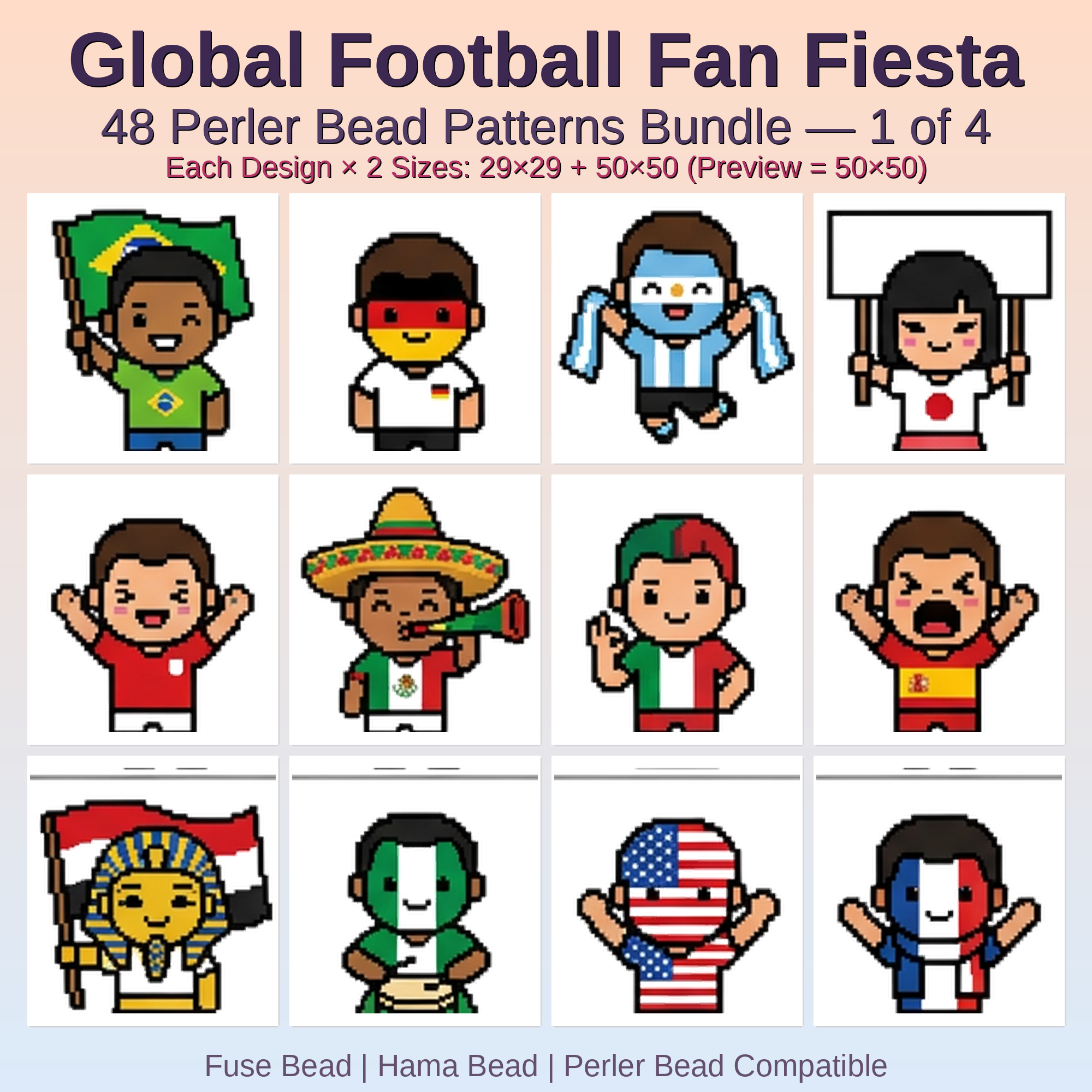 Global Football Fan Fiesta Perler Bead Patterns Bundle, 48 Designs (PDF Digital Download)