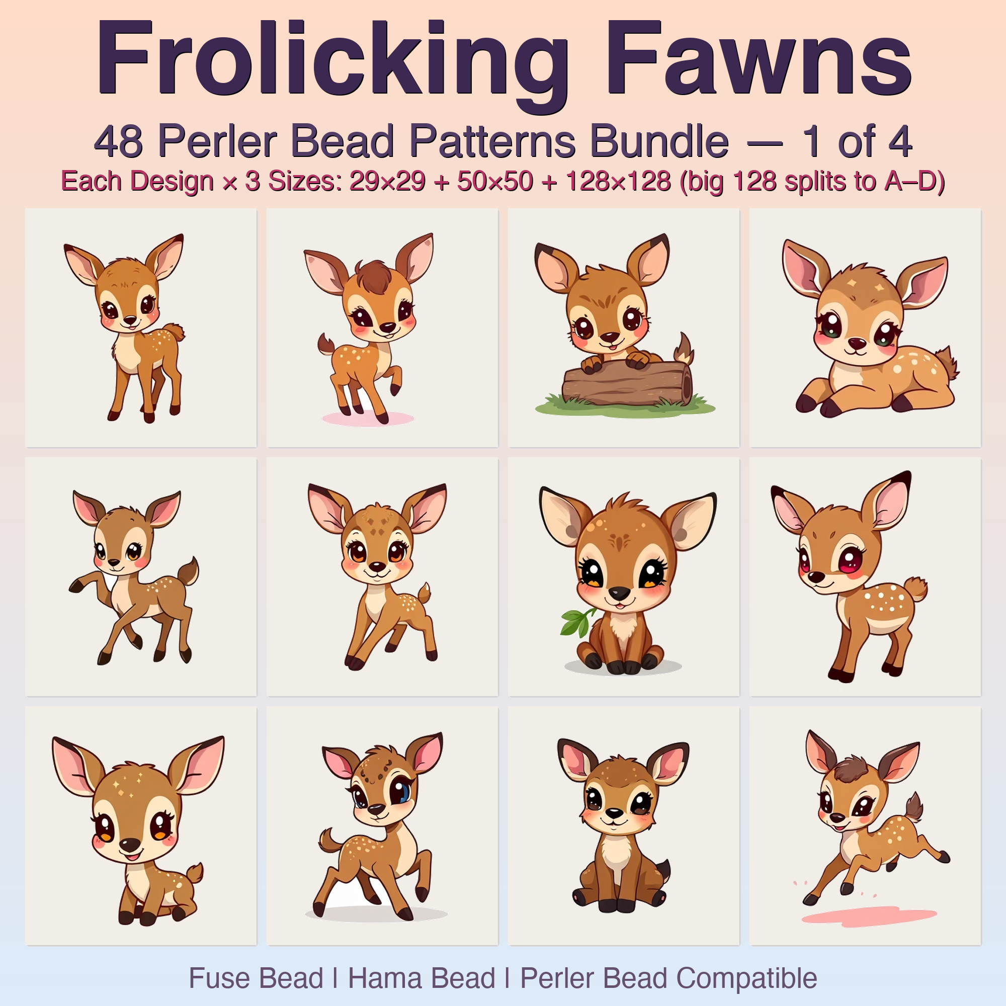 Frolicking Fawns Perler Bead Patterns, 48 Designs x 3 Grid Sizes (29x29 + 50x50 + 128x128), Fuse Bead PDF Digital Download