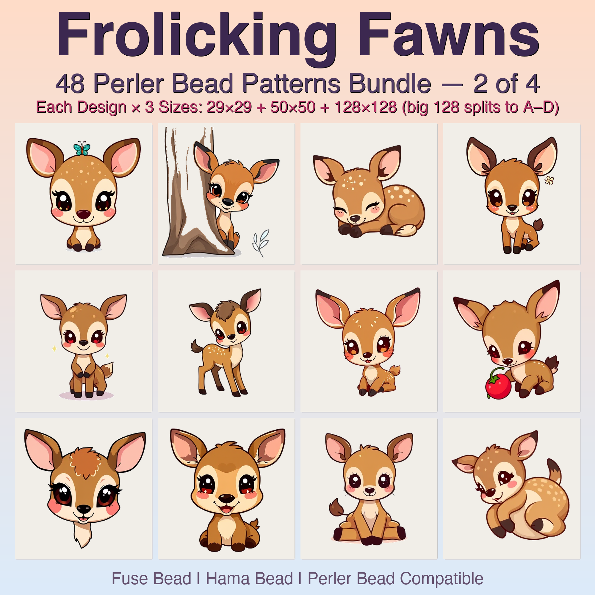 Frolicking Fawns Perler Bead Patterns, 48 Designs x 3 Grid Sizes (29x29 + 50x50 + 128x128), Fuse Bead PDF Digital Download