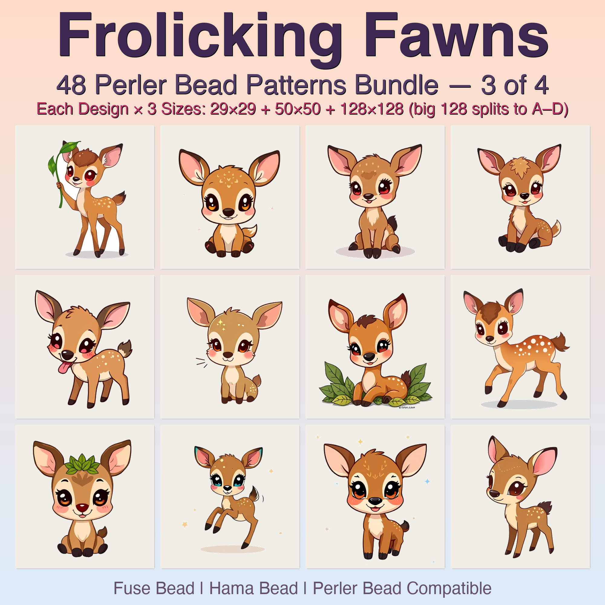 Frolicking Fawns Perler Bead Patterns, 48 Designs x 3 Grid Sizes (29x29 + 50x50 + 128x128), Fuse Bead PDF Digital Download