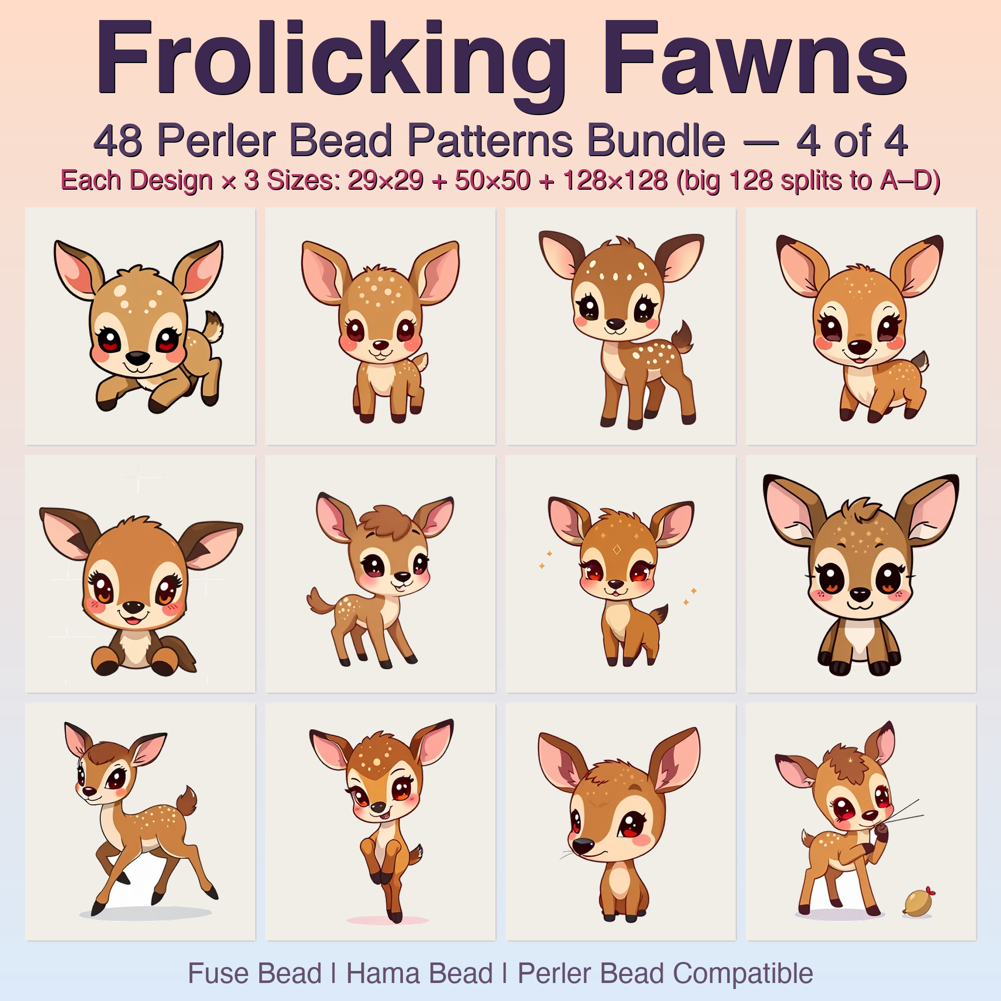 Frolicking Fawns Perler Bead Patterns, 48 Designs x 3 Grid Sizes (29x29 + 50x50 + 128x128), Fuse Bead PDF Digital Download