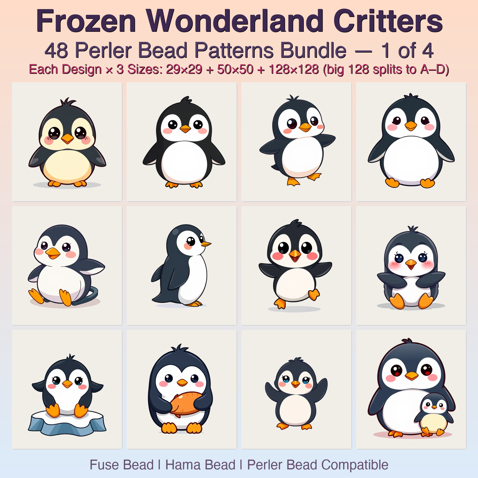 Frozen Wonderland Critters Perler Bead Patterns, 48 Designs x 3 Grid Sizes (29x29 + 50x50 + 128x128), Fuse Bead PDF Digital Download