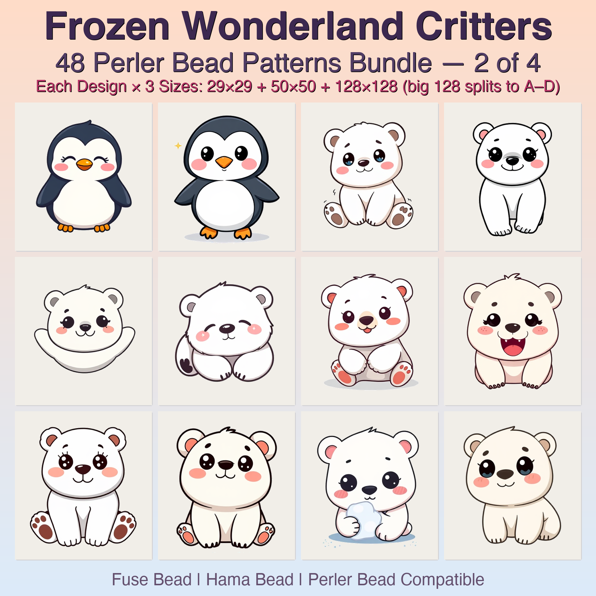 Frozen Wonderland Critters Perler Bead Patterns, 48 Designs x 3 Grid Sizes (29x29 + 50x50 + 128x128), Fuse Bead PDF Digital Download