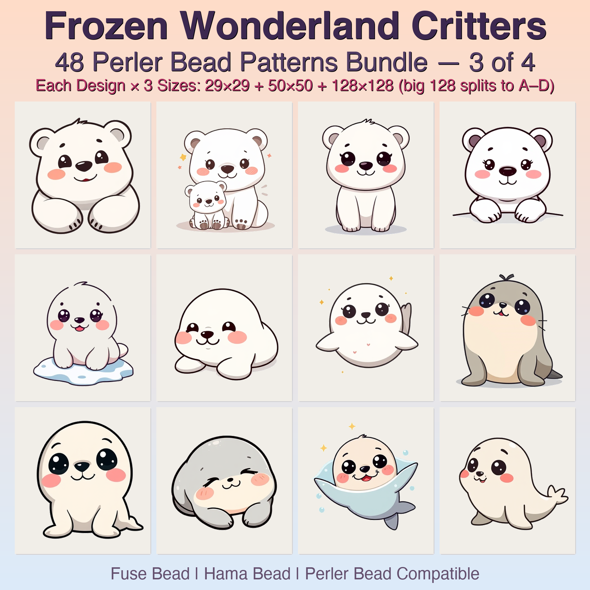 Frozen Wonderland Critters Perler Bead Patterns, 48 Designs x 3 Grid Sizes (29x29 + 50x50 + 128x128), Fuse Bead PDF Digital Download
