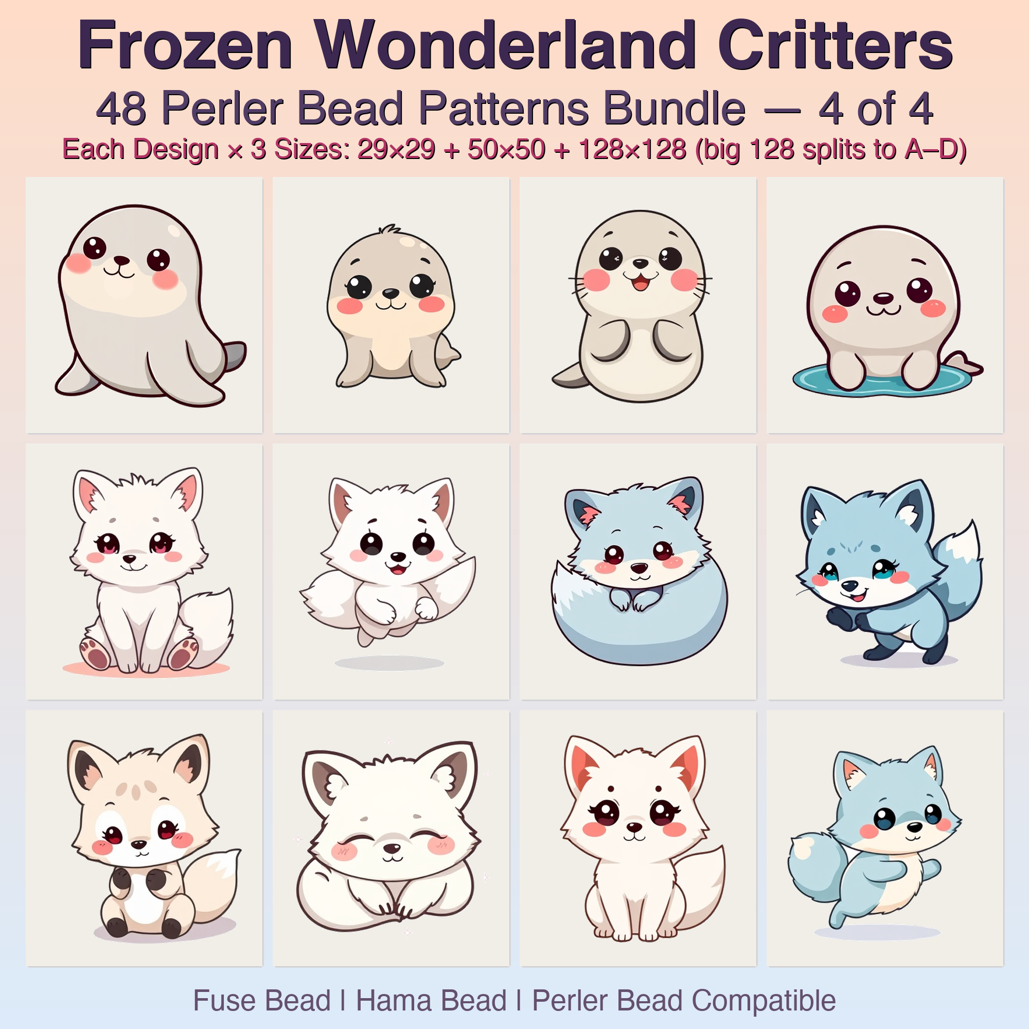 Frozen Wonderland Critters Perler Bead Patterns, 48 Designs x 3 Grid Sizes (29x29 + 50x50 + 128x128), Fuse Bead PDF Digital Download