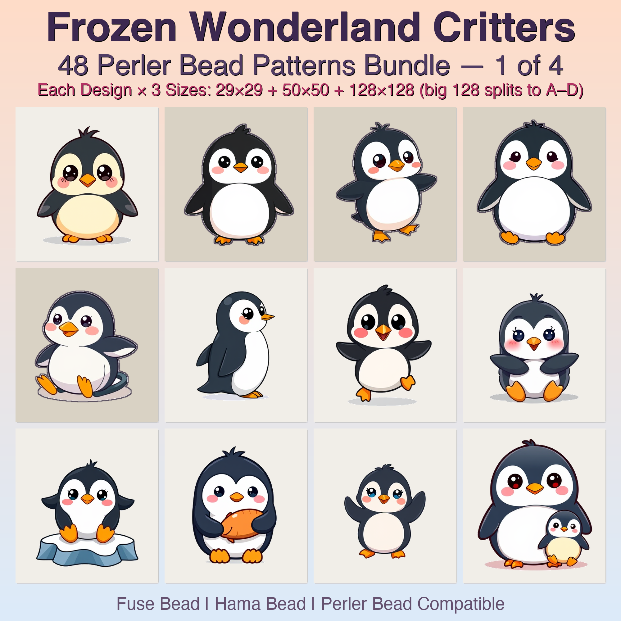 Frozen Wonderland Critters Perler Bead Patterns, 48 Designs x 3 Grid Sizes (29x29 + 50x50 + 128x128), Fuse Bead PDF Digital Download
