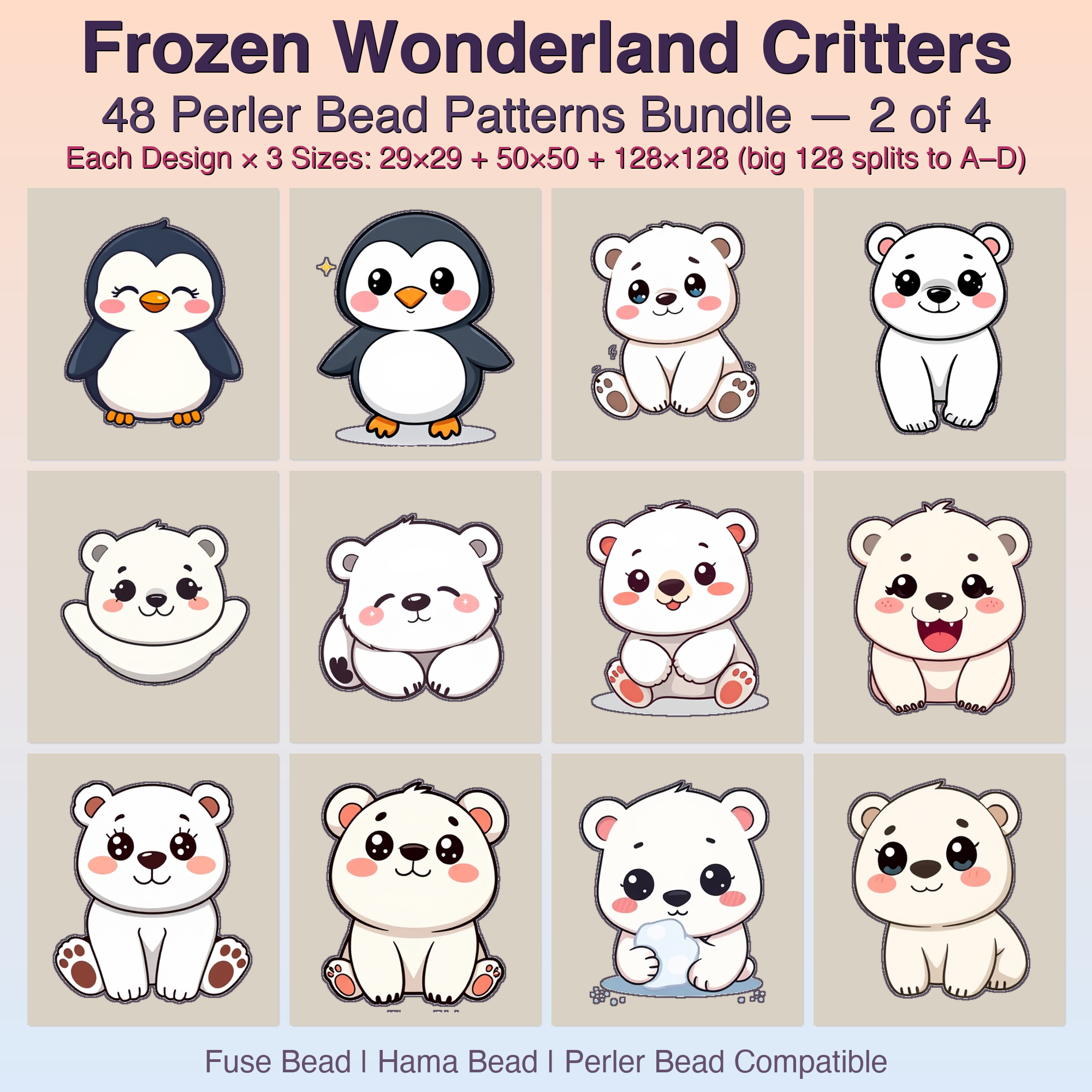 Frozen Wonderland Critters Perler Bead Patterns, 48 Designs x 3 Grid Sizes (29x29 + 50x50 + 128x128), Fuse Bead PDF Digital Download