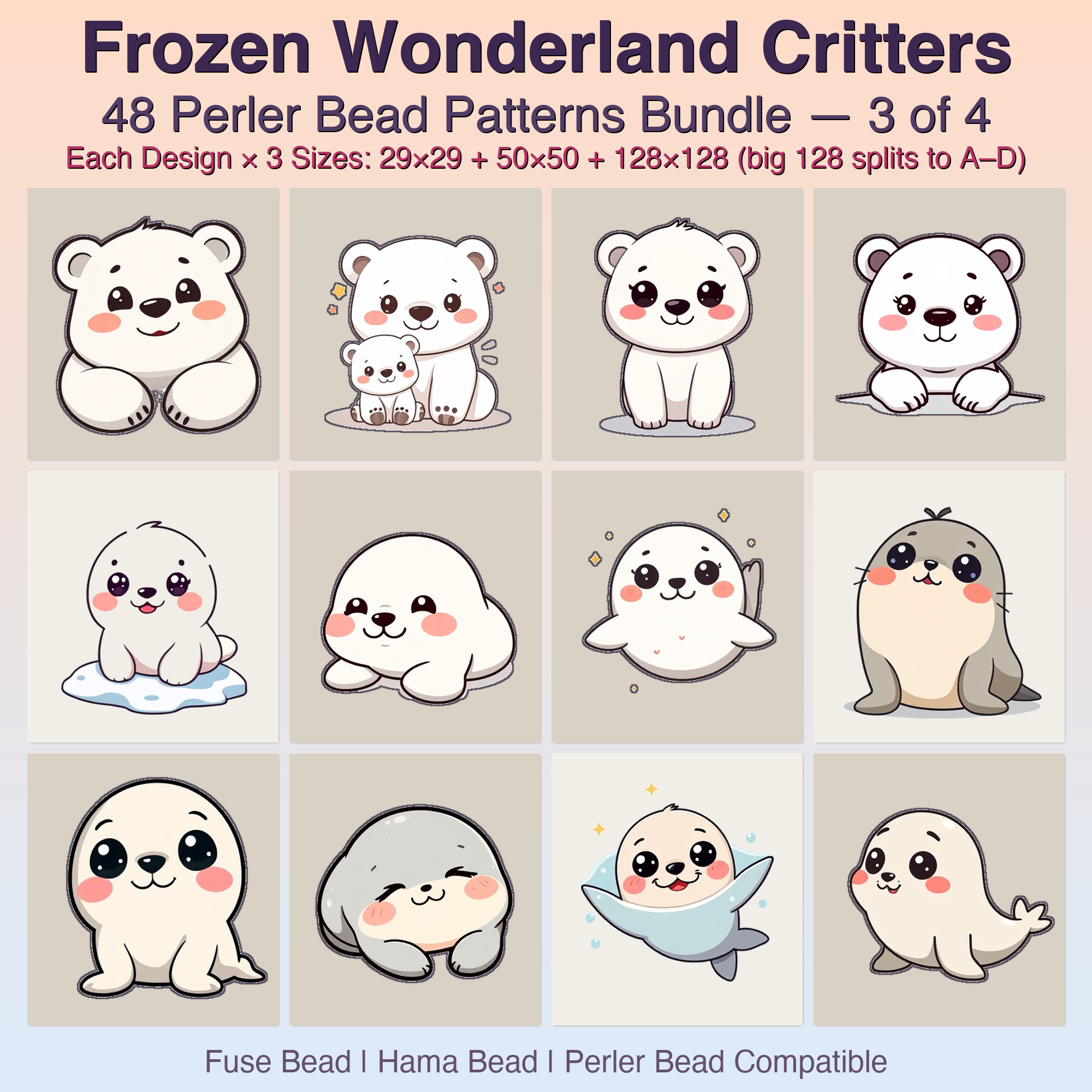Frozen Wonderland Critters Perler Bead Patterns, 48 Designs x 3 Grid Sizes (29x29 + 50x50 + 128x128), Fuse Bead PDF Digital Download