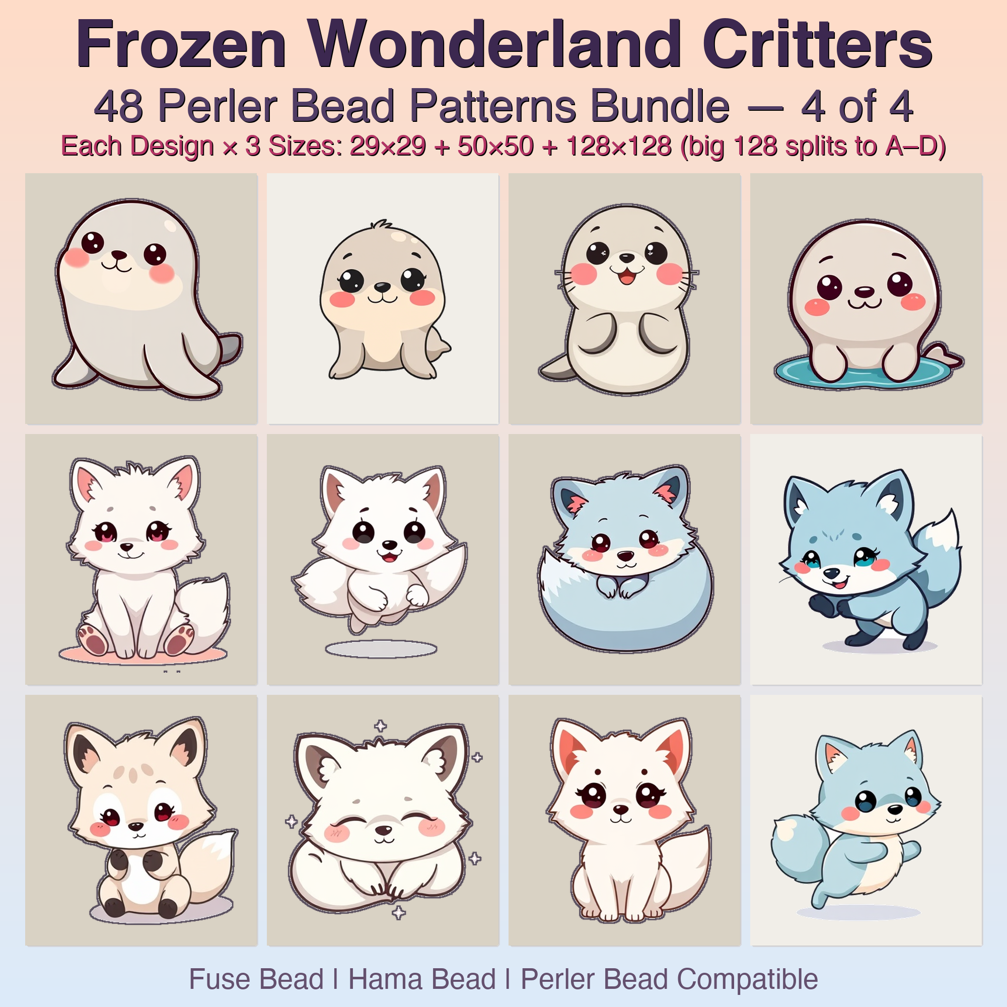 Frozen Wonderland Critters Perler Bead Patterns, 48 Designs x 3 Grid Sizes (29x29 + 50x50 + 128x128), Fuse Bead PDF Digital Download