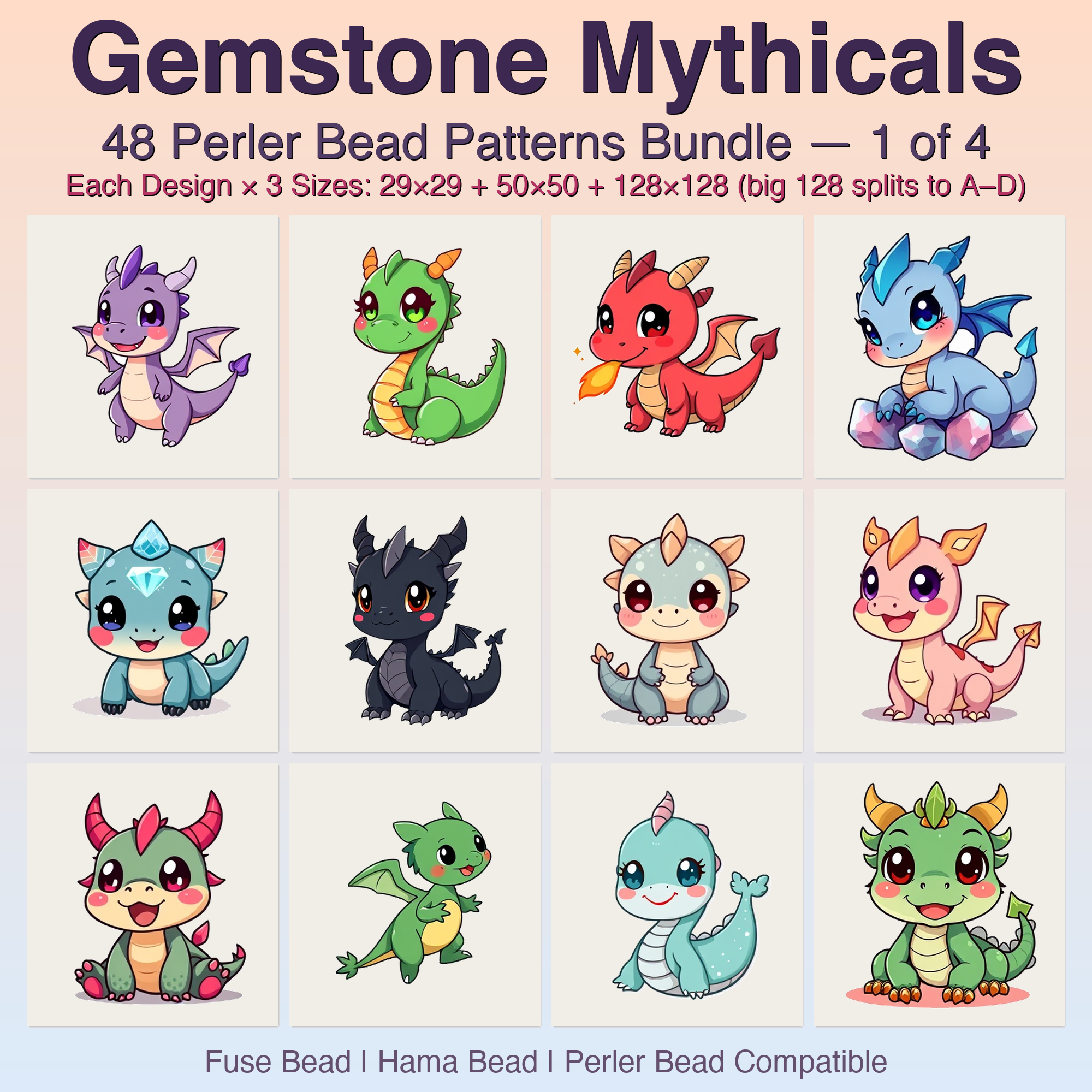 Gemstone Mythicals Perler Bead Patterns, 48 Designs x 3 Grid Sizes (29x29 + 50x50 + 128x128), Fuse Bead PDF Digital Download