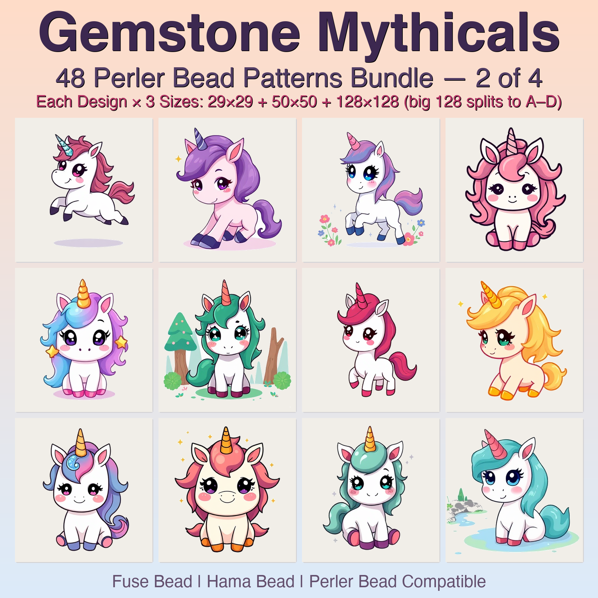 Gemstone Mythicals Perler Bead Patterns, 48 Designs x 3 Grid Sizes (29x29 + 50x50 + 128x128), Fuse Bead PDF Digital Download