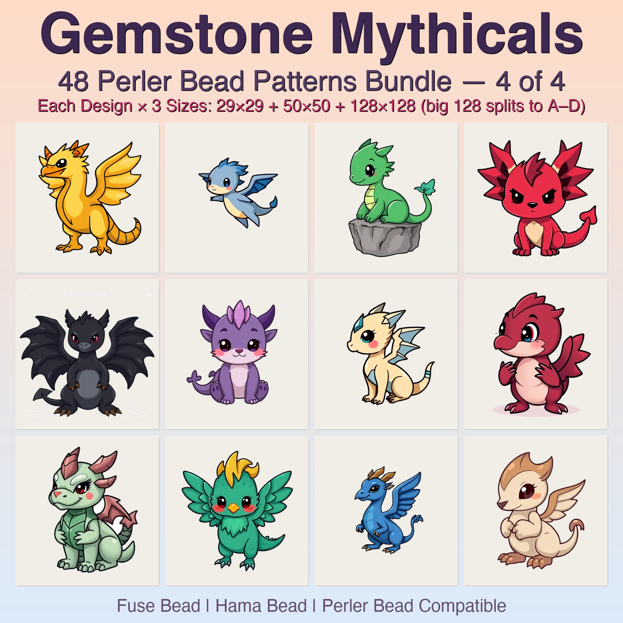 Gemstone Mythicals Perler Bead Patterns, 48 Designs x 3 Grid Sizes (29x29 + 50x50 + 128x128), Fuse Bead PDF Digital Download