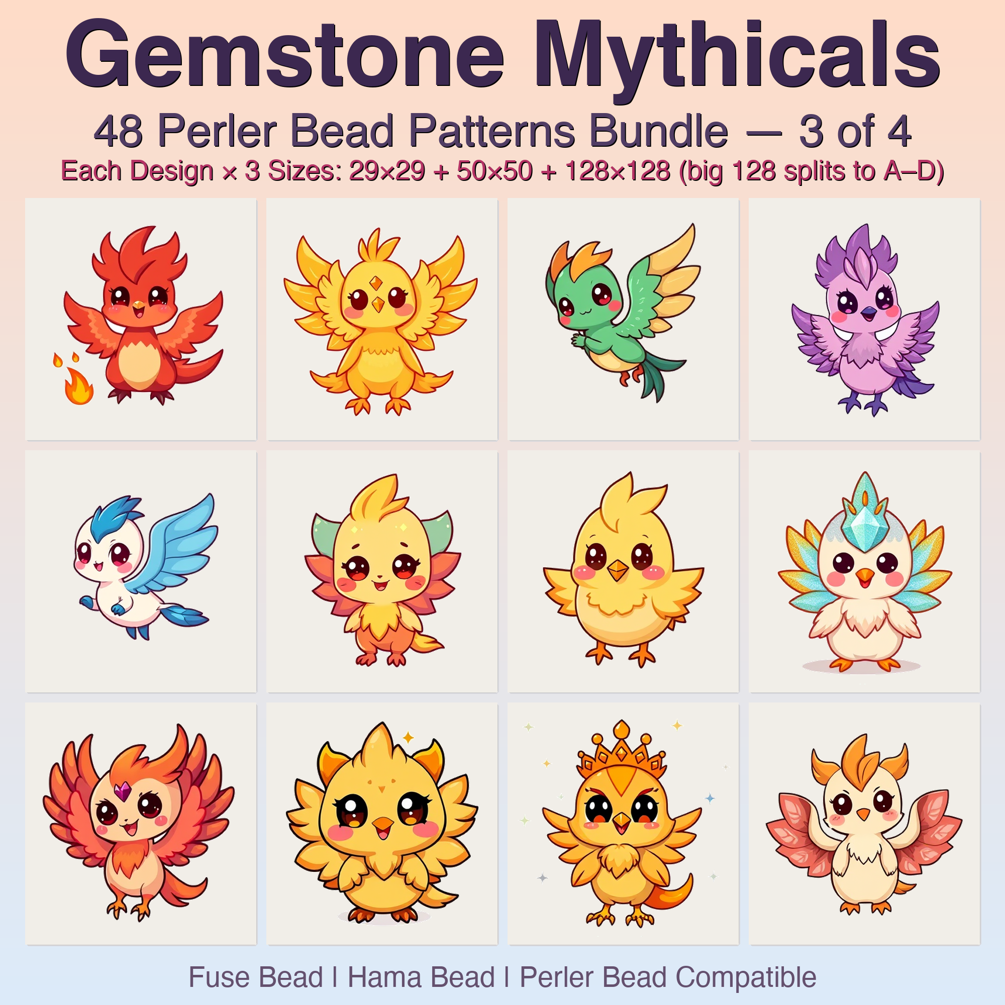 Gemstone Mythicals Perler Bead Patterns, 48 Designs x 3 Grid Sizes (29x29 + 50x50 + 128x128), Fuse Bead PDF Digital Download
