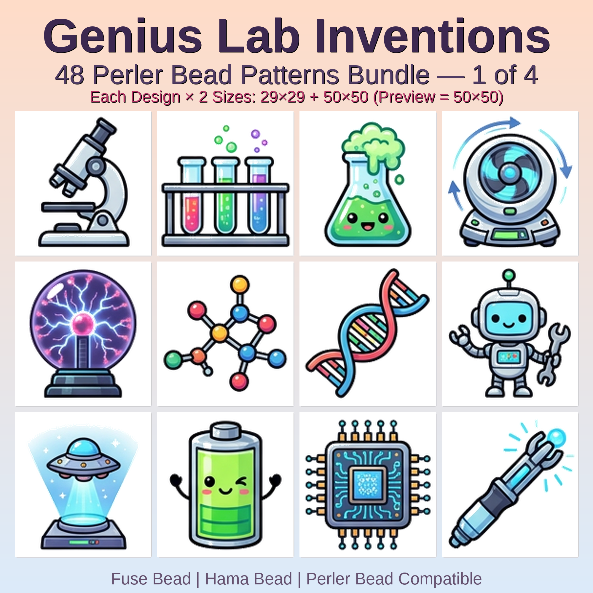Genius Lab Inventions Perler Bead Patterns Bundle, 48 Designs (PDF Digital Download)