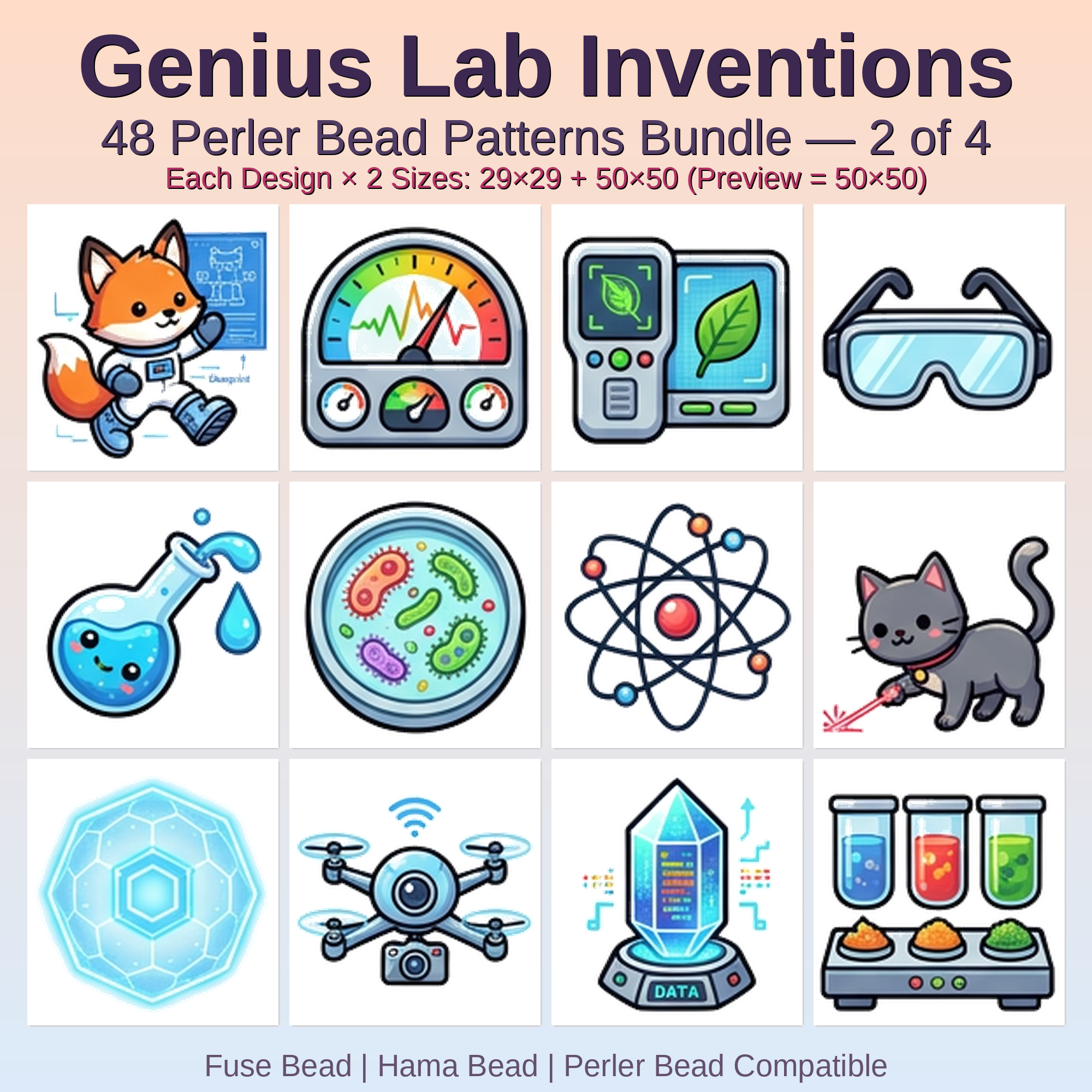 Genius Lab Inventions Perler Bead Patterns Bundle, 48 Designs (PDF Digital Download)