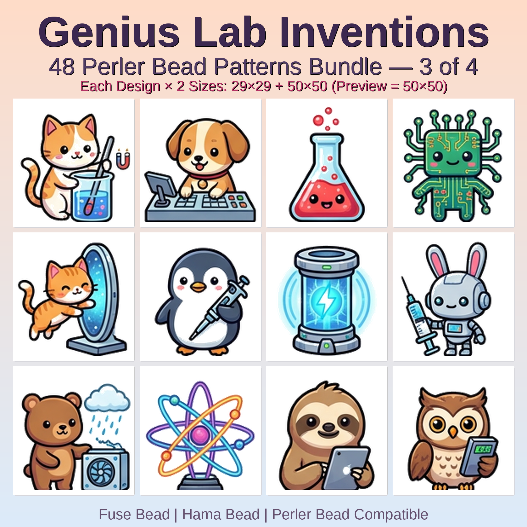 Genius Lab Inventions Perler Bead Patterns Bundle, 48 Designs (PDF Digital Download)