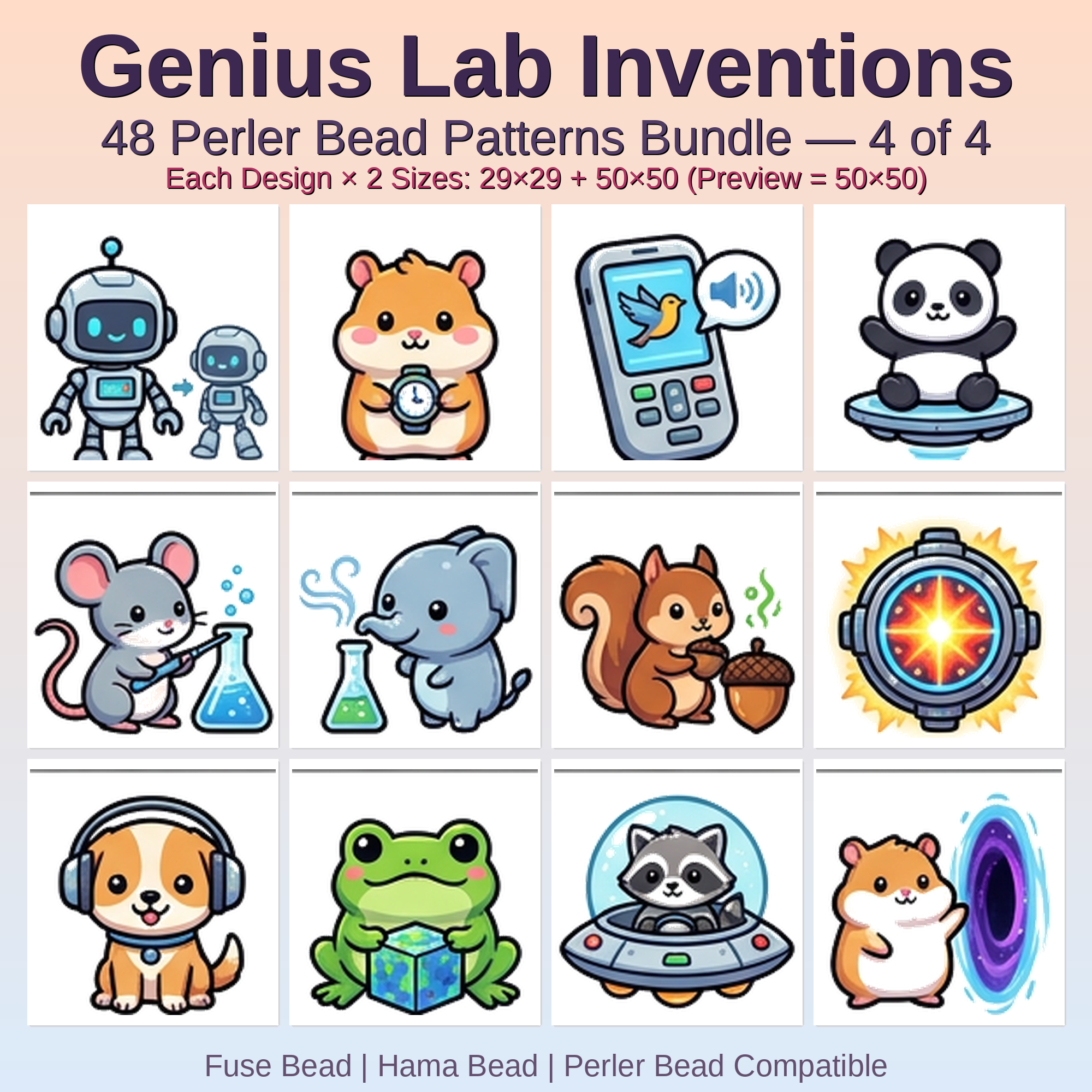 Genius Lab Inventions Perler Bead Patterns Bundle, 48 Designs (PDF Digital Download)