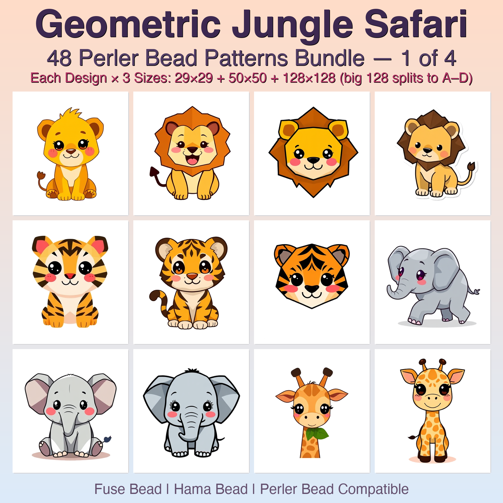 Geometric Jungle Safari Perler Bead Patterns Bundle, 48 Designs (PDF Digital Download)