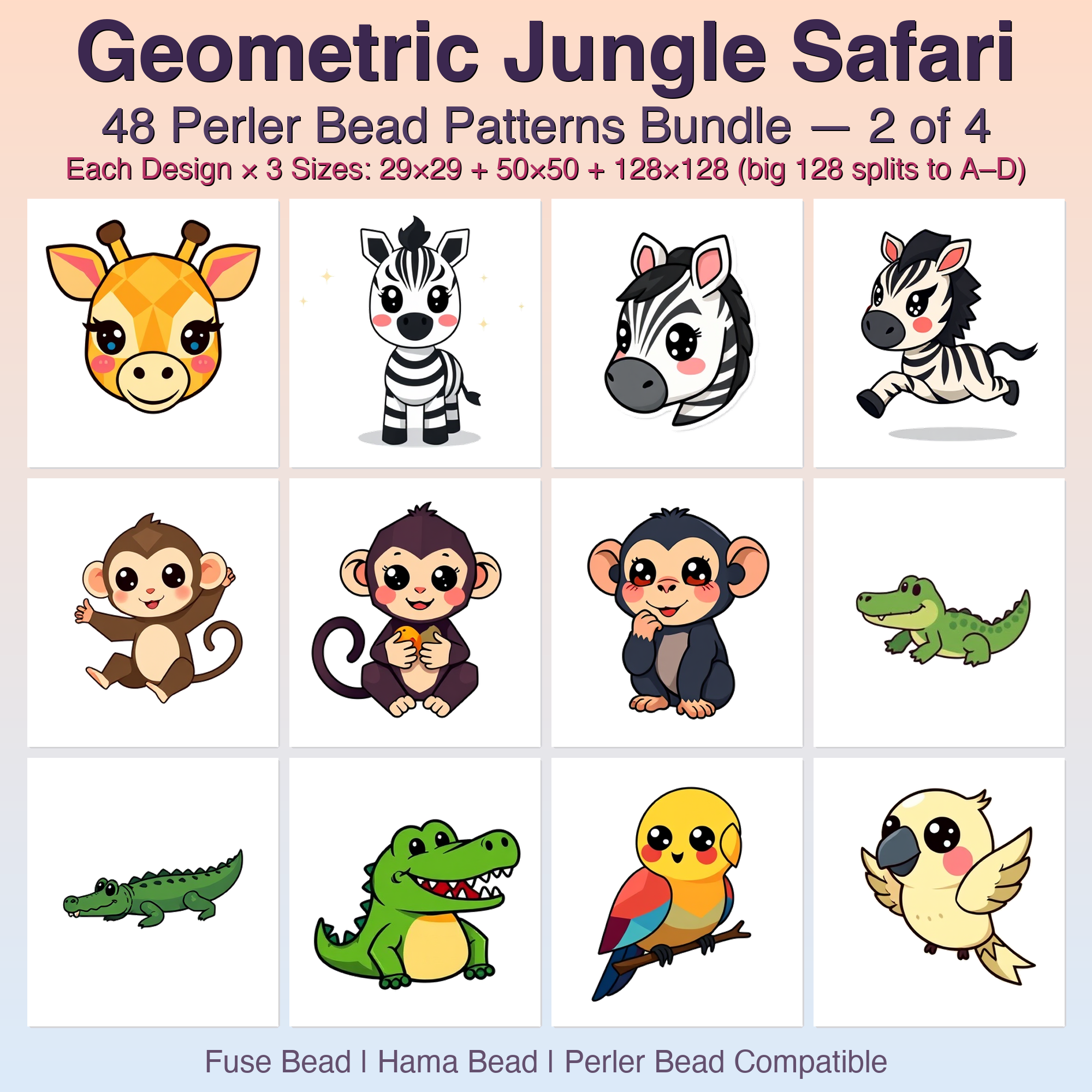 Geometric Jungle Safari Perler Bead Patterns Bundle, 48 Designs (PDF Digital Download)