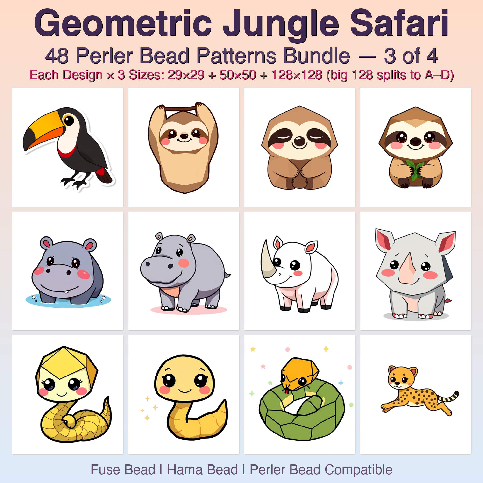Geometric Jungle Safari Perler Bead Patterns Bundle, 48 Designs (PDF Digital Download)