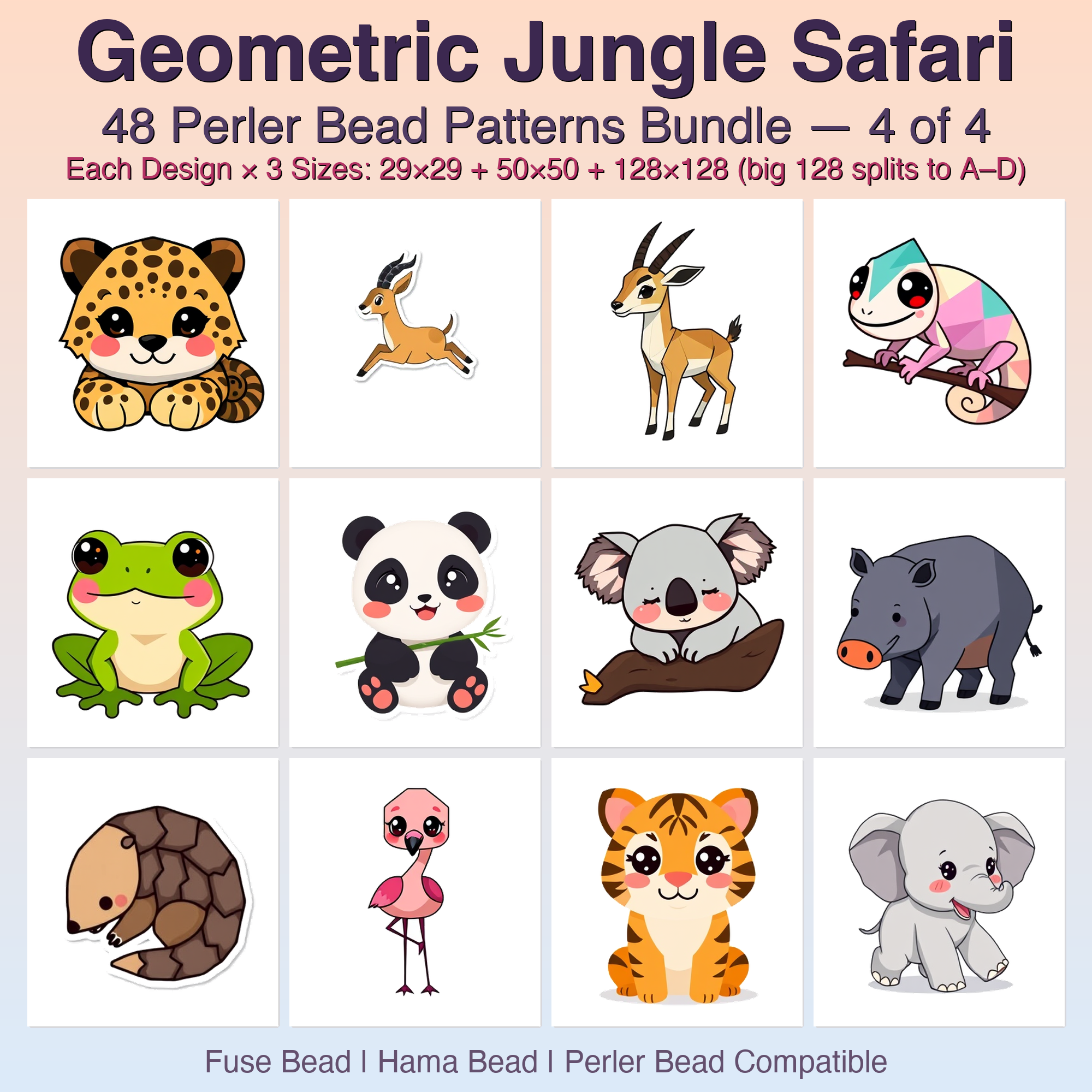 Geometric Jungle Safari Perler Bead Patterns Bundle, 48 Designs (PDF Digital Download)