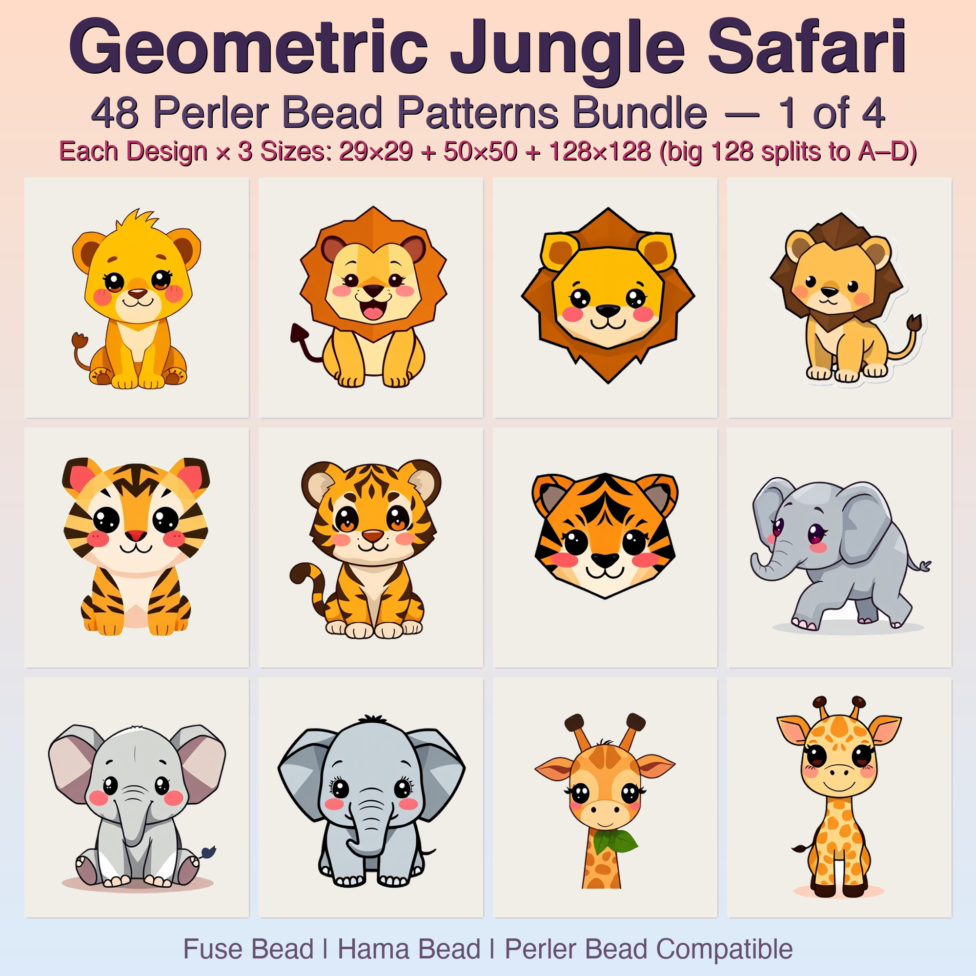 Geometric Jungle Safari Perler Bead Patterns Bundle, 48 Designs (PDF Digital Download)