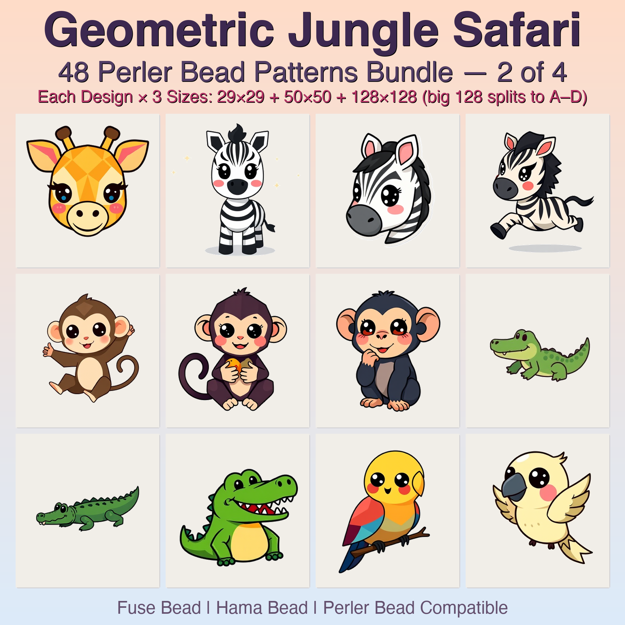 Geometric Jungle Safari Perler Bead Patterns Bundle, 48 Designs (PDF Digital Download)