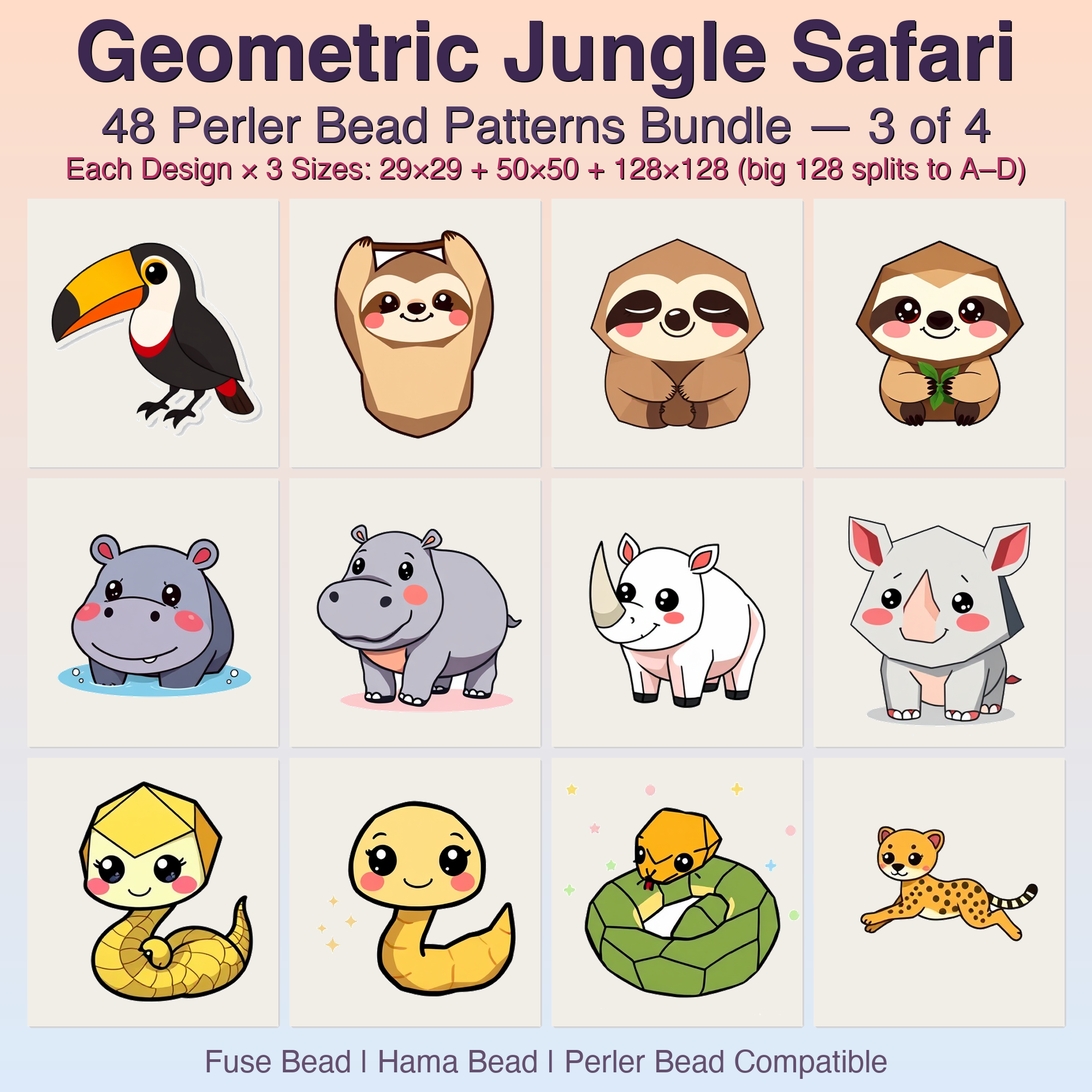 Geometric Jungle Safari Perler Bead Patterns Bundle, 48 Designs (PDF Digital Download)