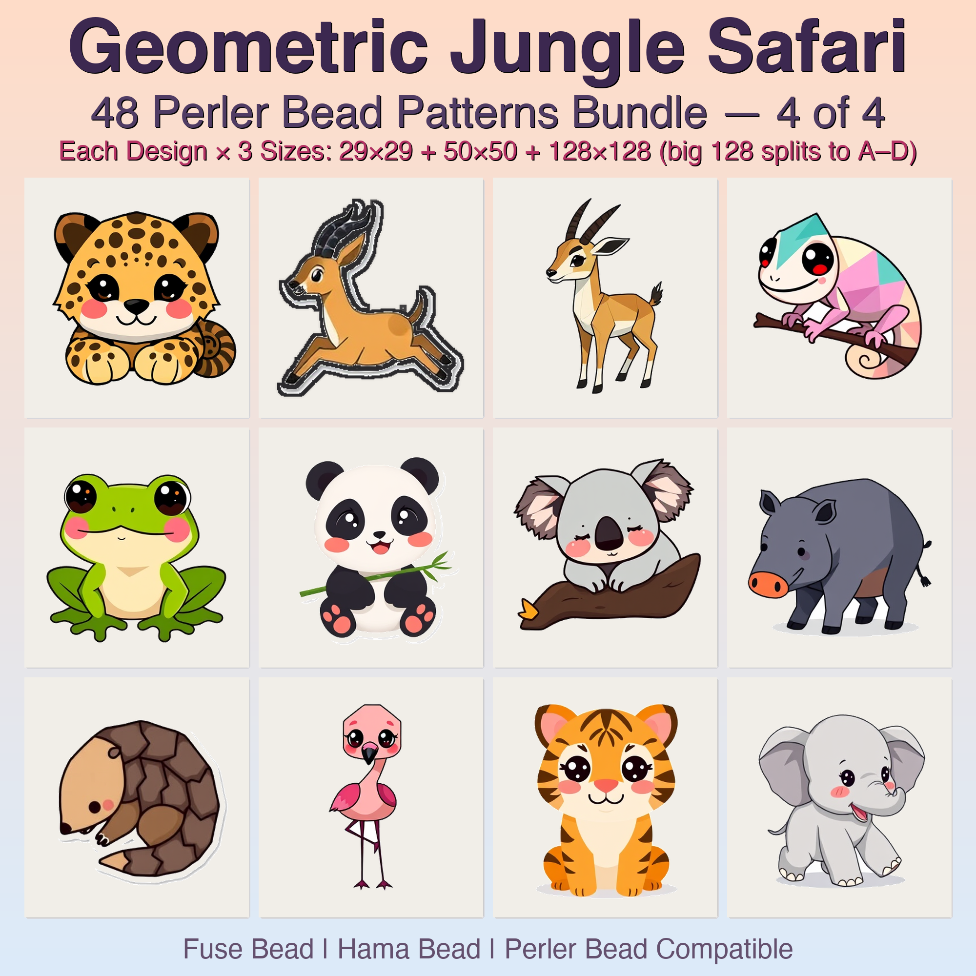 Geometric Jungle Safari Perler Bead Patterns Bundle, 48 Designs (PDF Digital Download)