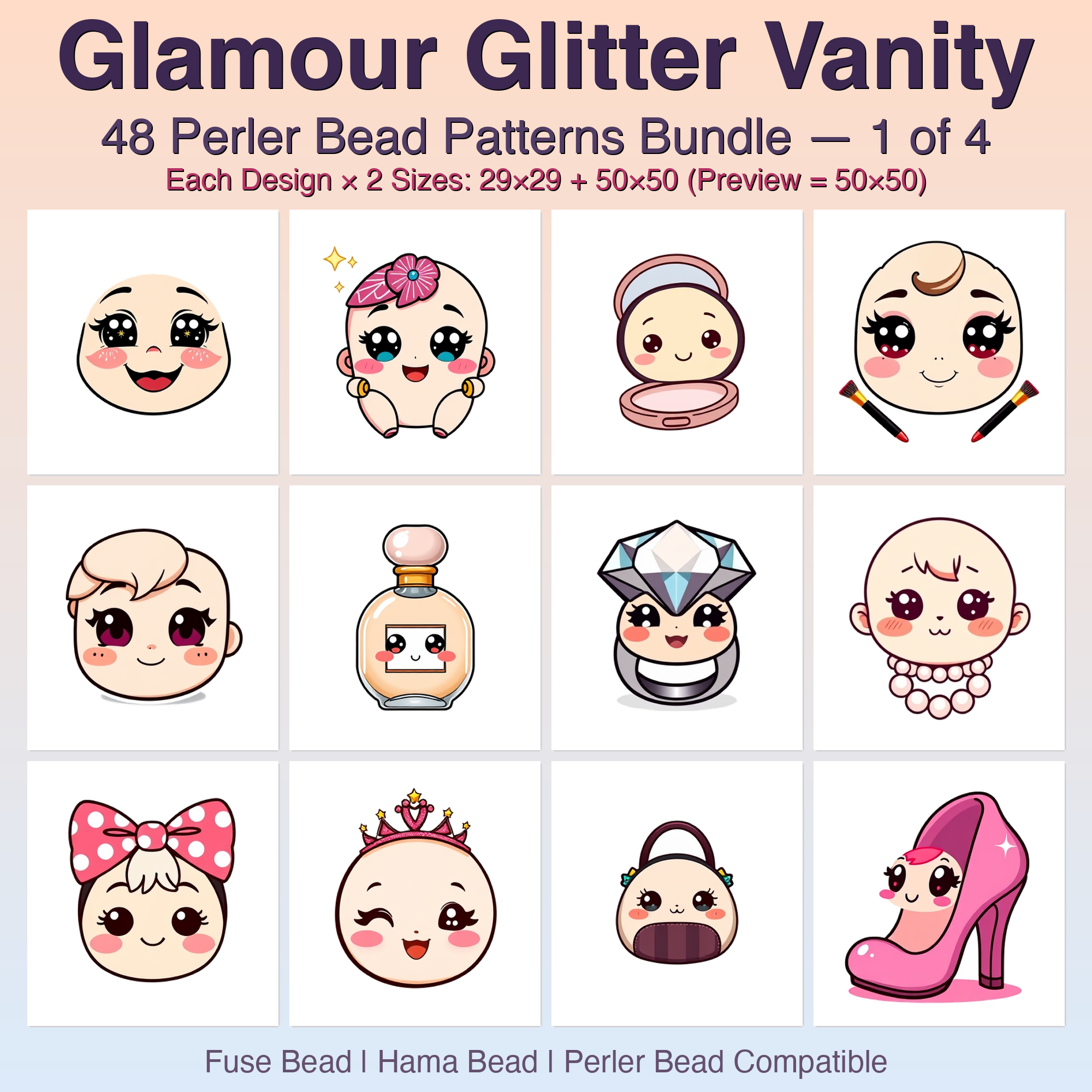 Glamour Glitter Vanity Perler Bead Patterns Bundle, 48 Designs (PDF Digital Download)