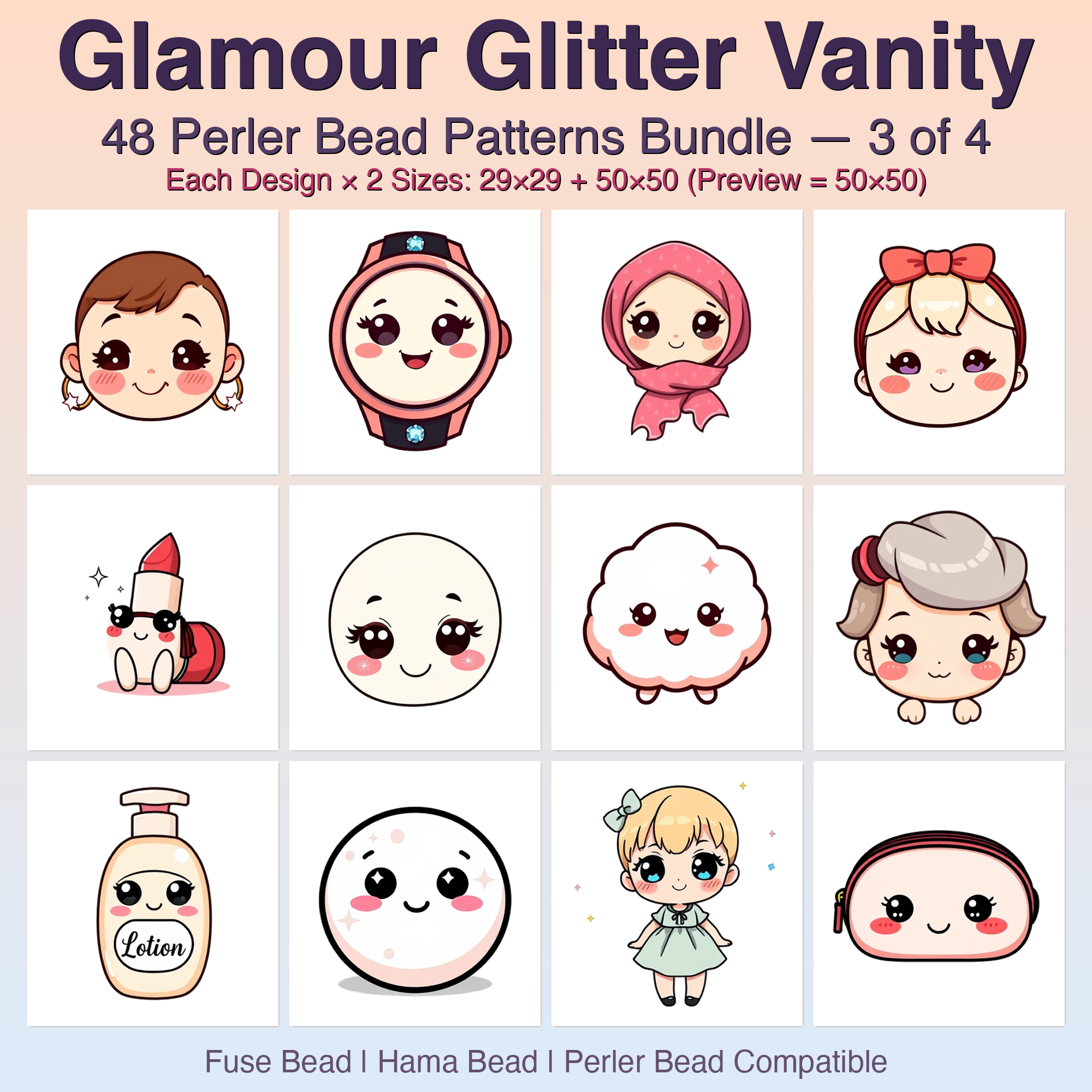 Glamour Glitter Vanity Perler Bead Patterns Bundle, 48 Designs (PDF Digital Download)