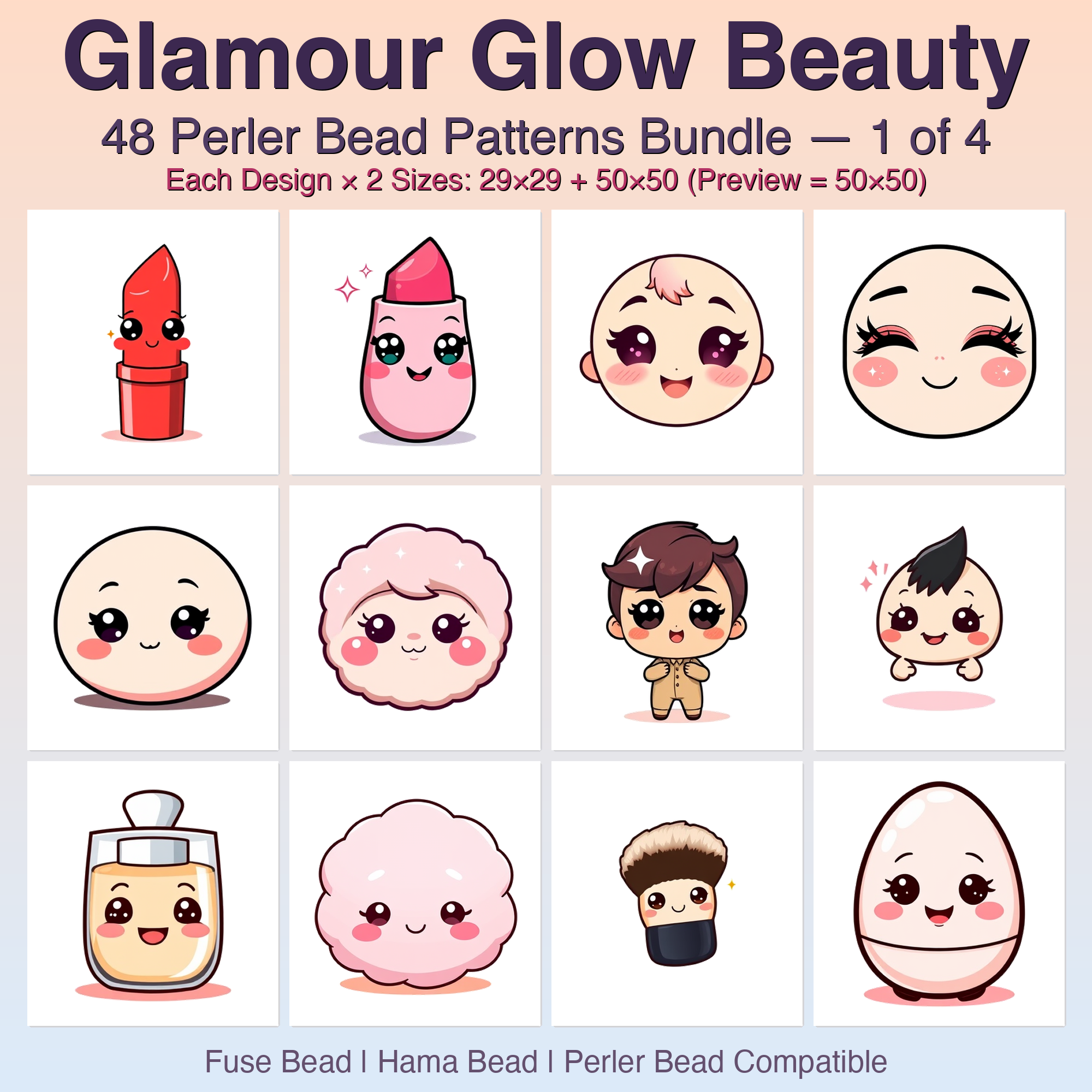 Glamour Glow Beauty Perler Bead Patterns Bundle, 48 Designs (PDF Digital Download)