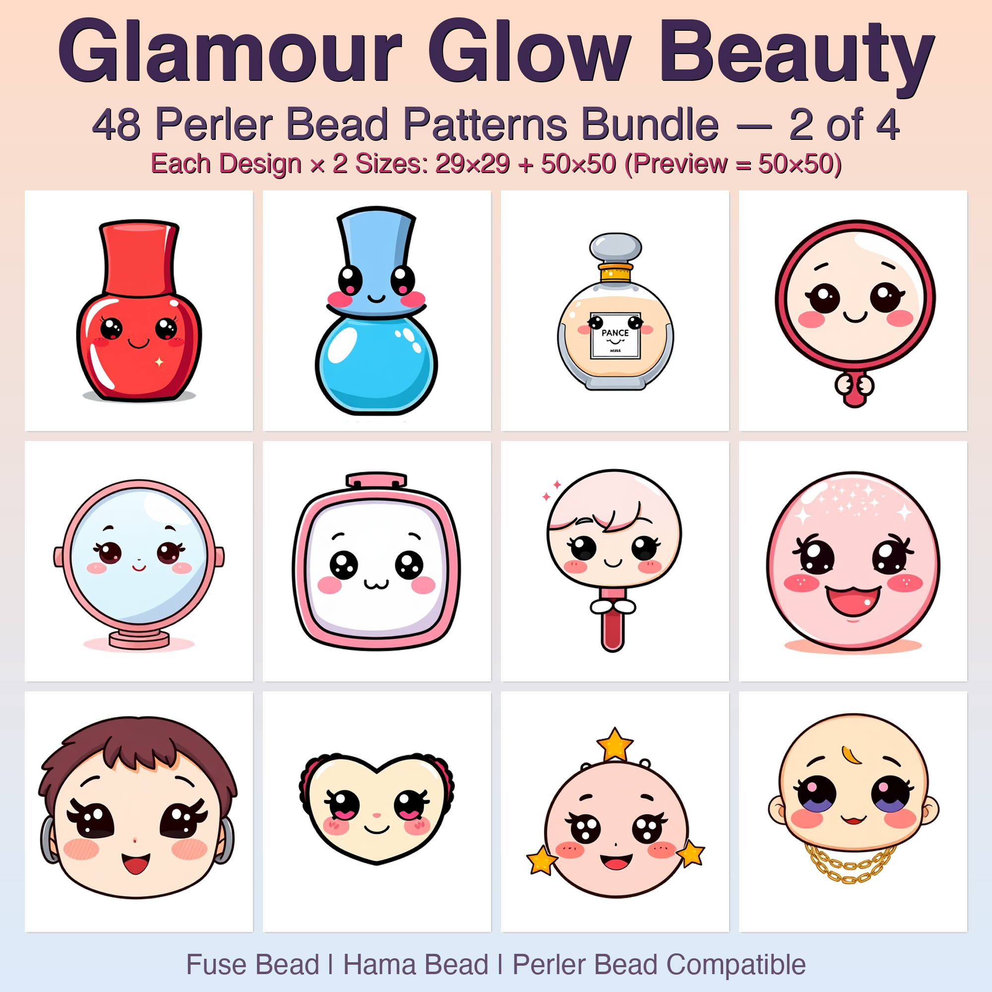 Glamour Glow Beauty Perler Bead Patterns Bundle, 48 Designs (PDF Digital Download)