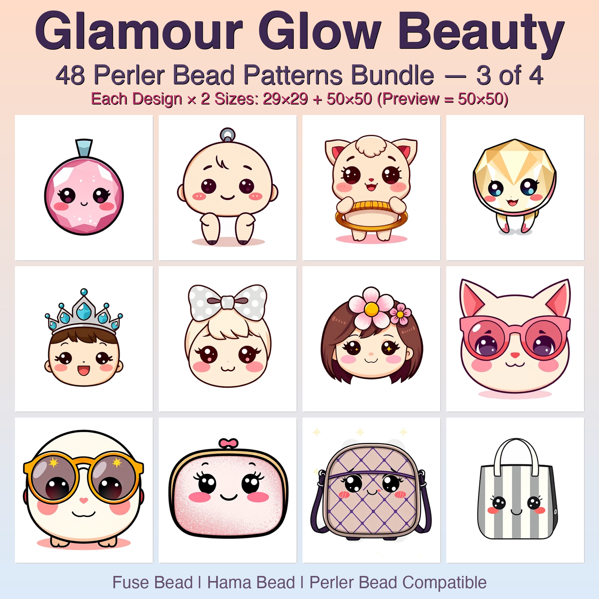 Glamour Glow Beauty Perler Bead Patterns Bundle, 48 Designs (PDF Digital Download)