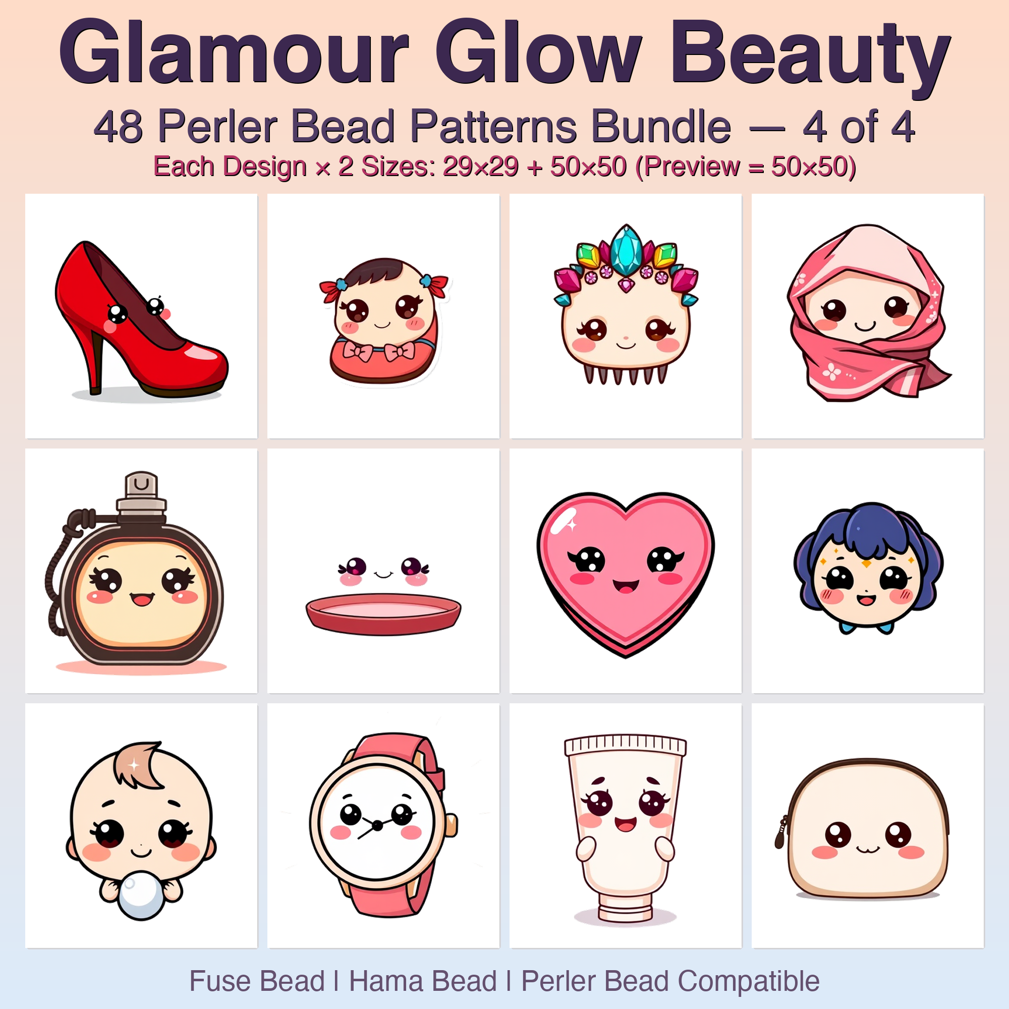 Glamour Glow Beauty Perler Bead Patterns Bundle, 48 Designs (PDF Digital Download)