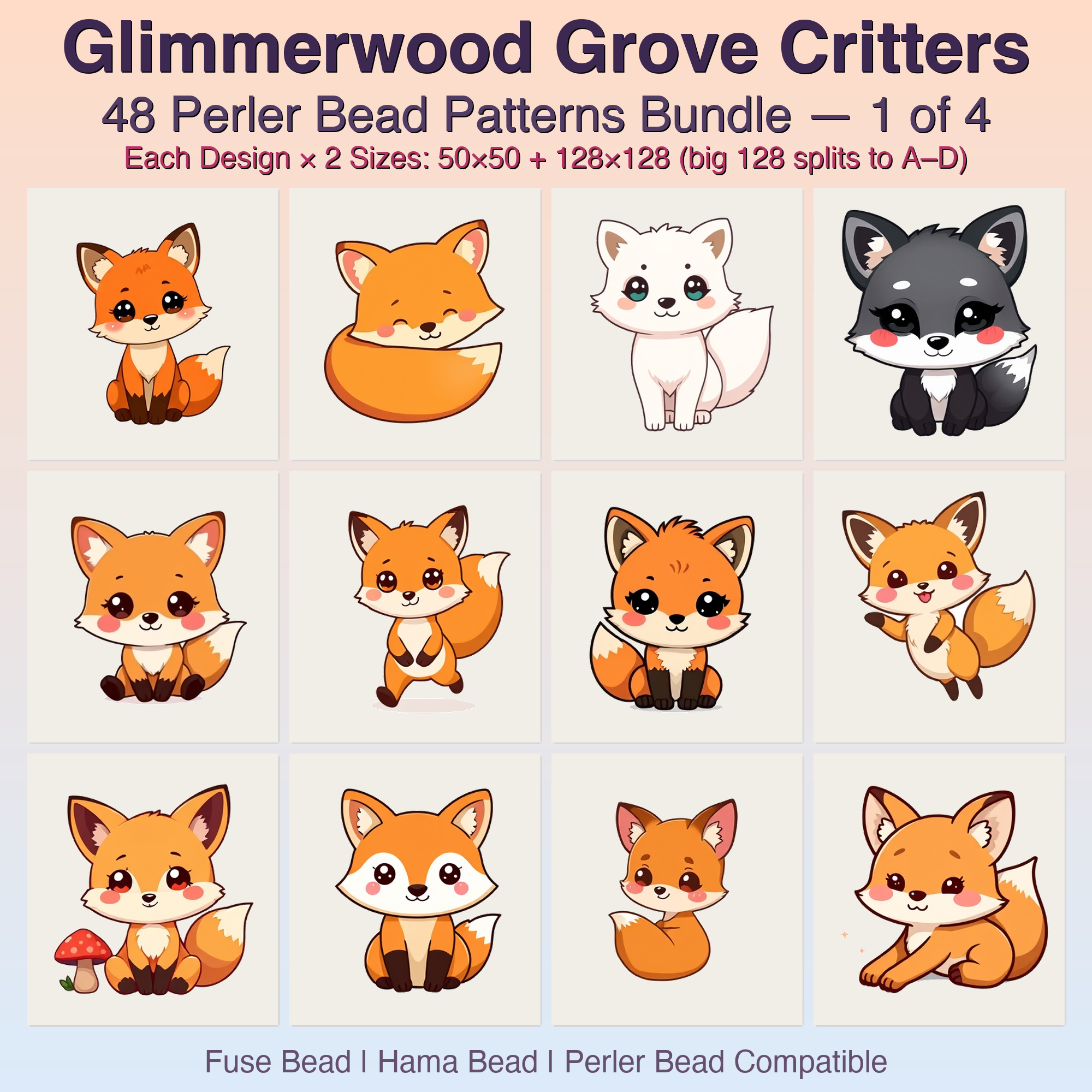 Glimmerwood Grove Critters Perler Bead Patterns, 48 Designs x 2 Grid Sizes (50x50 + 128x128), Fuse Bead PDF Digital Download