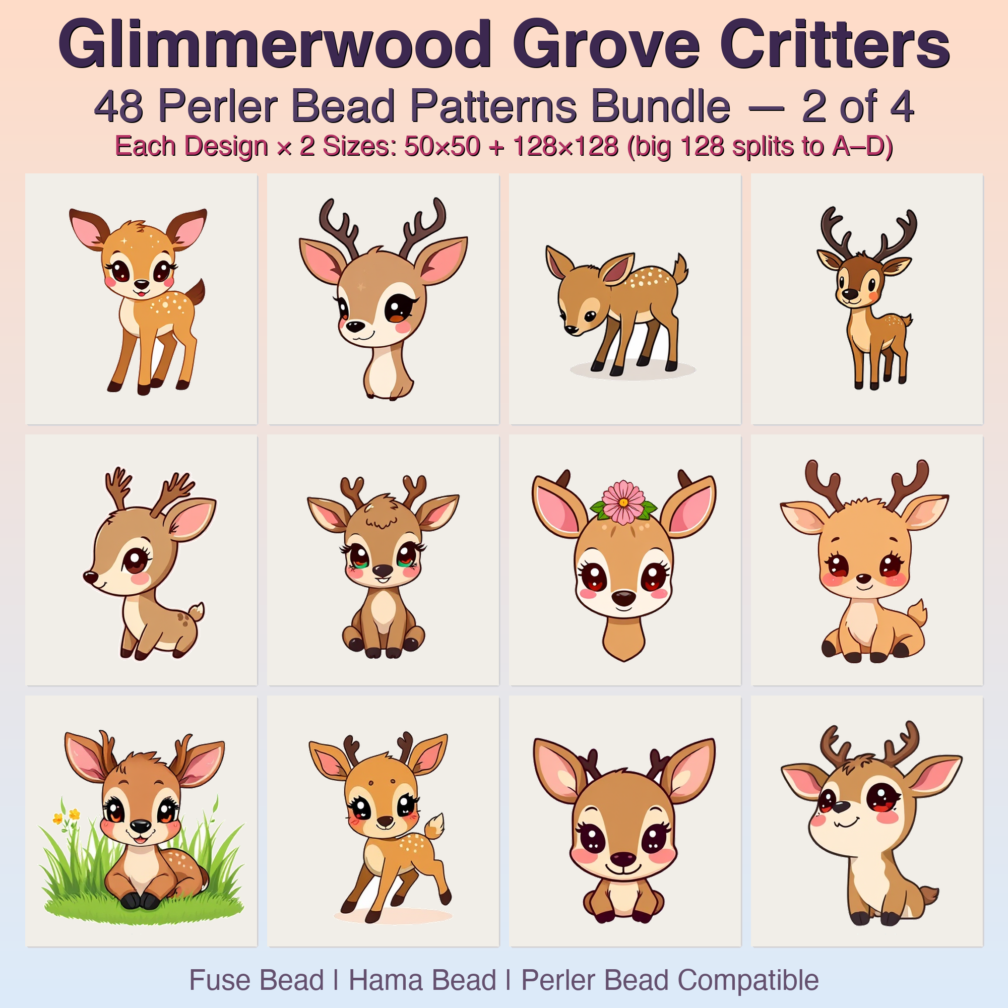 Glimmerwood Grove Critters Perler Bead Patterns, 48 Designs x 2 Grid Sizes (50x50 + 128x128), Fuse Bead PDF Digital Download