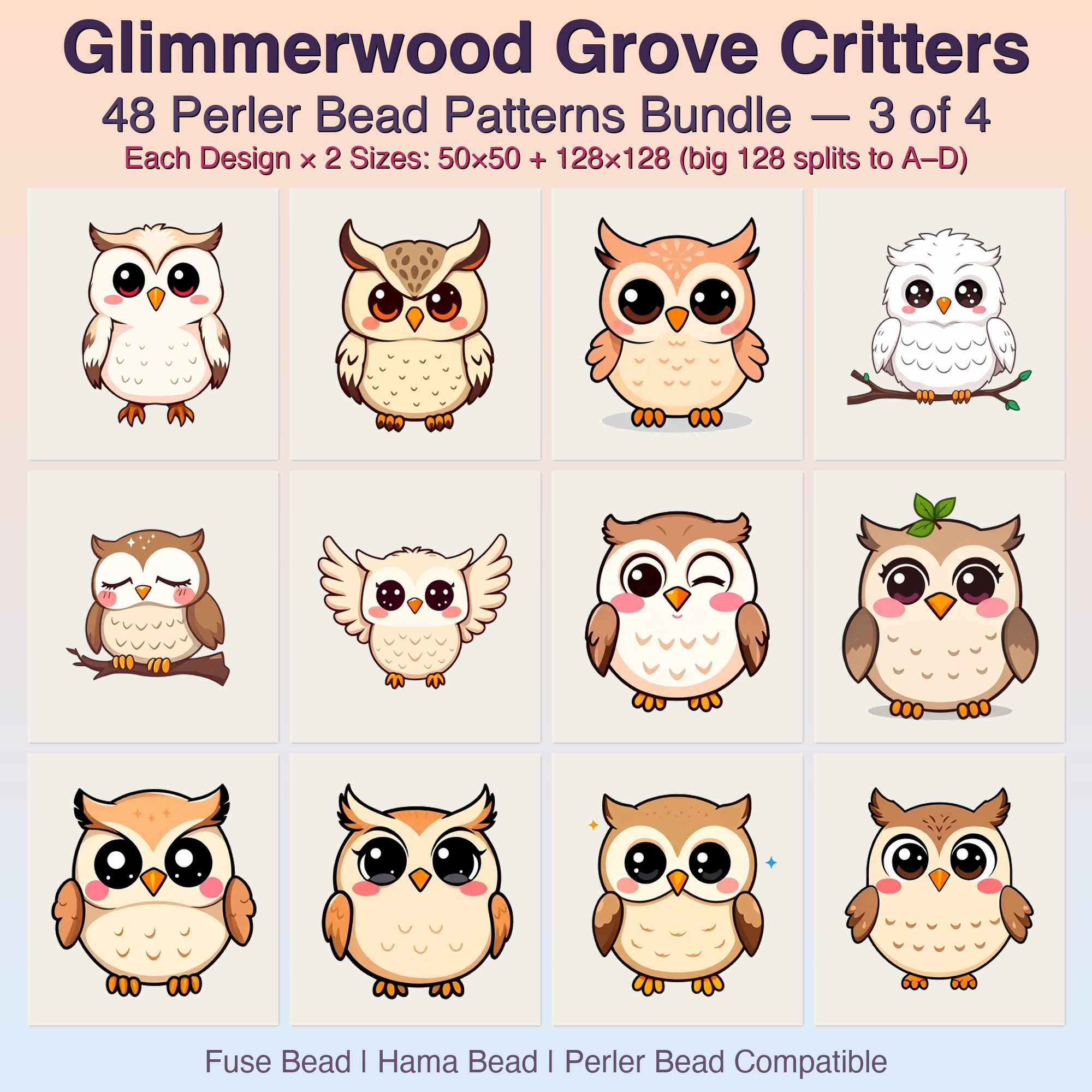 Glimmerwood Grove Critters Perler Bead Patterns, 48 Designs x 2 Grid Sizes (50x50 + 128x128), Fuse Bead PDF Digital Download