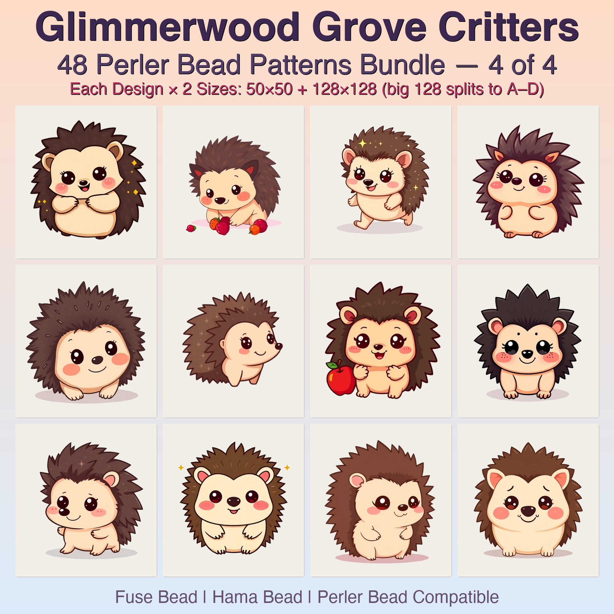 Glimmerwood Grove Critters Perler Bead Patterns, 48 Designs x 2 Grid Sizes (50x50 + 128x128), Fuse Bead PDF Digital Download