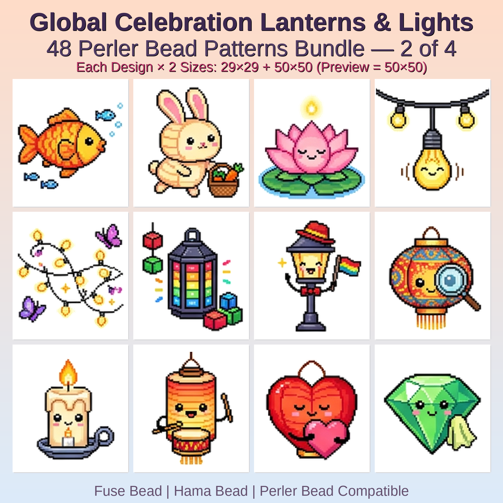 Global Celebration Lanterns & Lights Perler Bead Patterns Bundle, 48 Designs (PDF Digital Download)