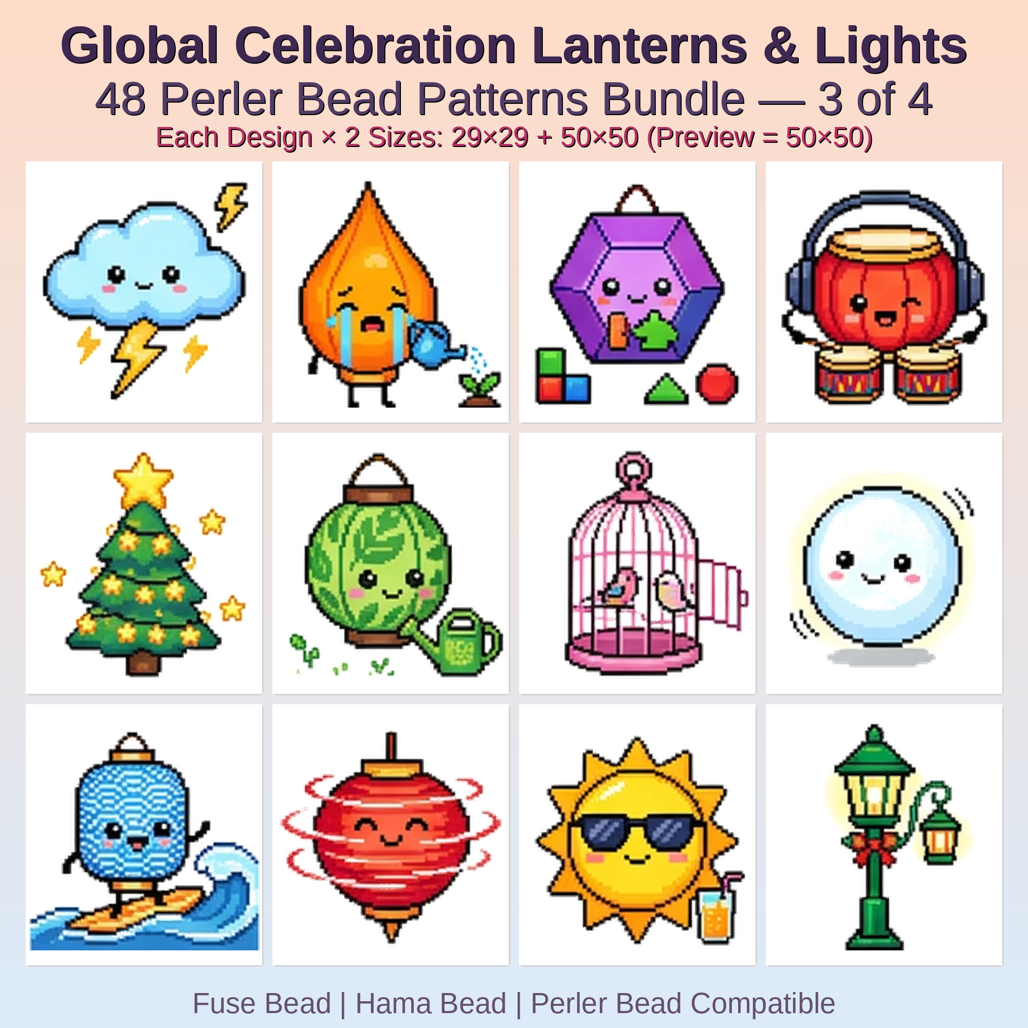 Global Celebration Lanterns & Lights Perler Bead Patterns Bundle, 48 Designs (PDF Digital Download)
