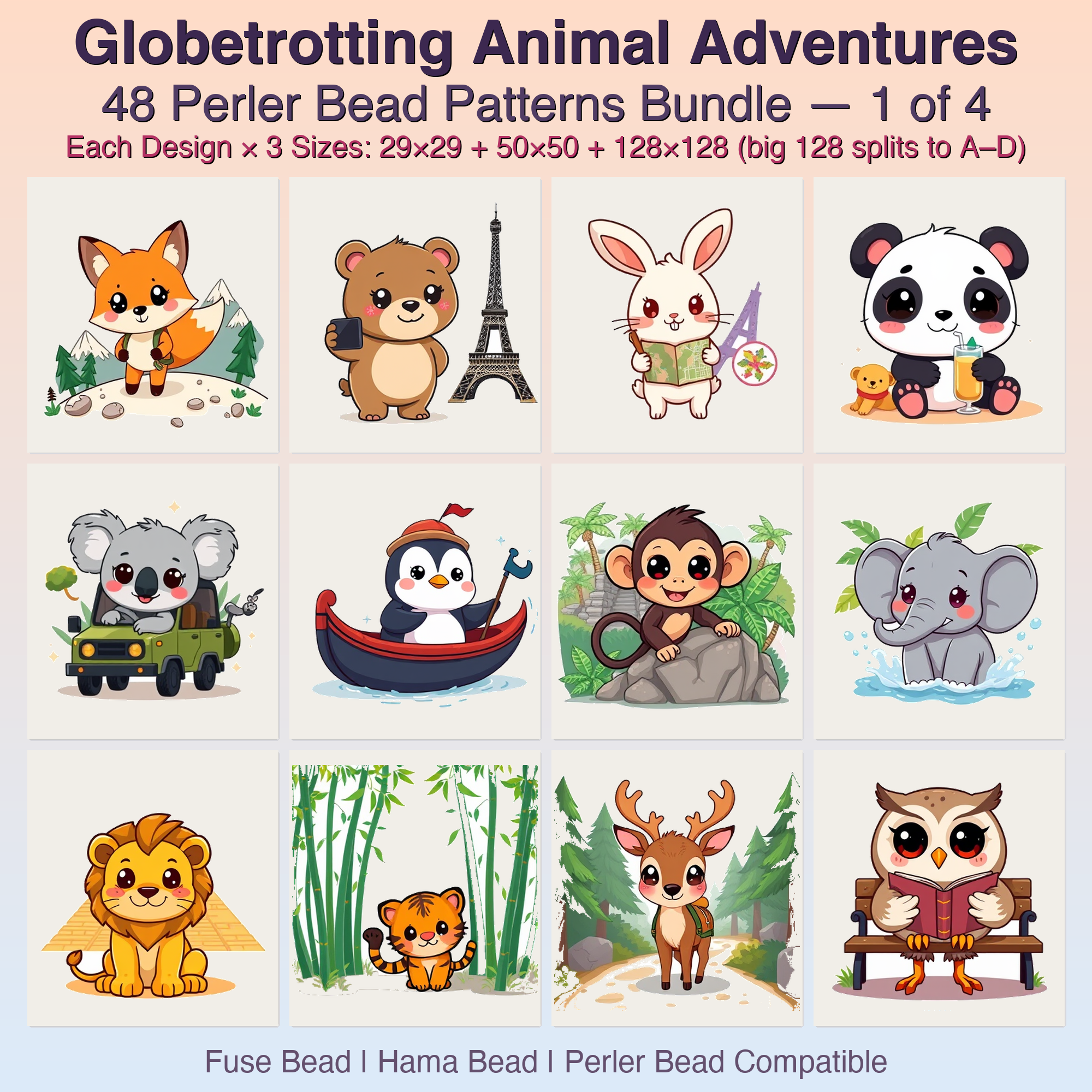 Globetrotting Animal Adventures Perler Bead Patterns, 48 Designs x 3 Grid Sizes (29x29 + 50x50 + 128x128), Fuse Bead PDF Digital Download