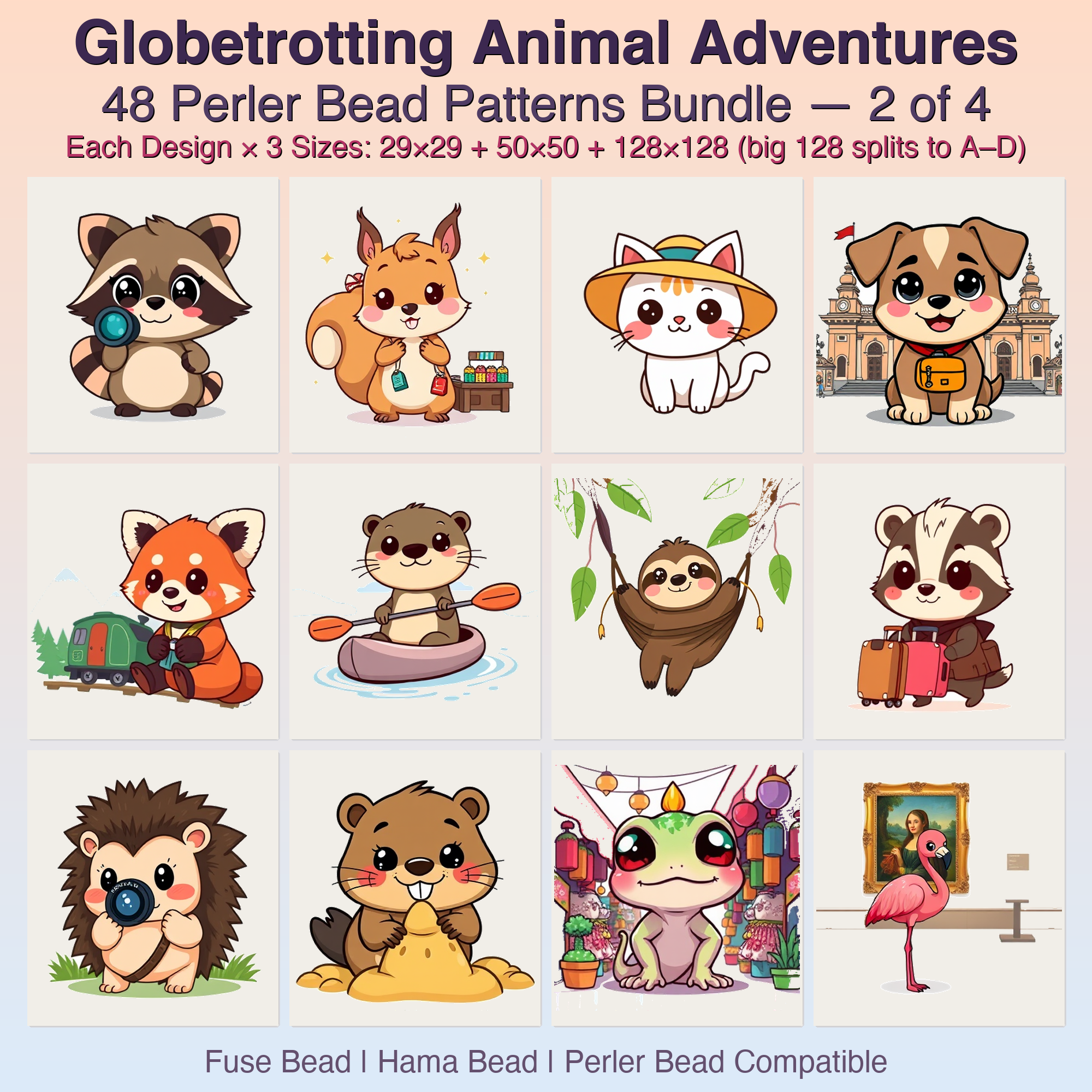 Globetrotting Animal Adventures Perler Bead Patterns, 48 Designs x 3 Grid Sizes (29x29 + 50x50 + 128x128), Fuse Bead PDF Digital Download