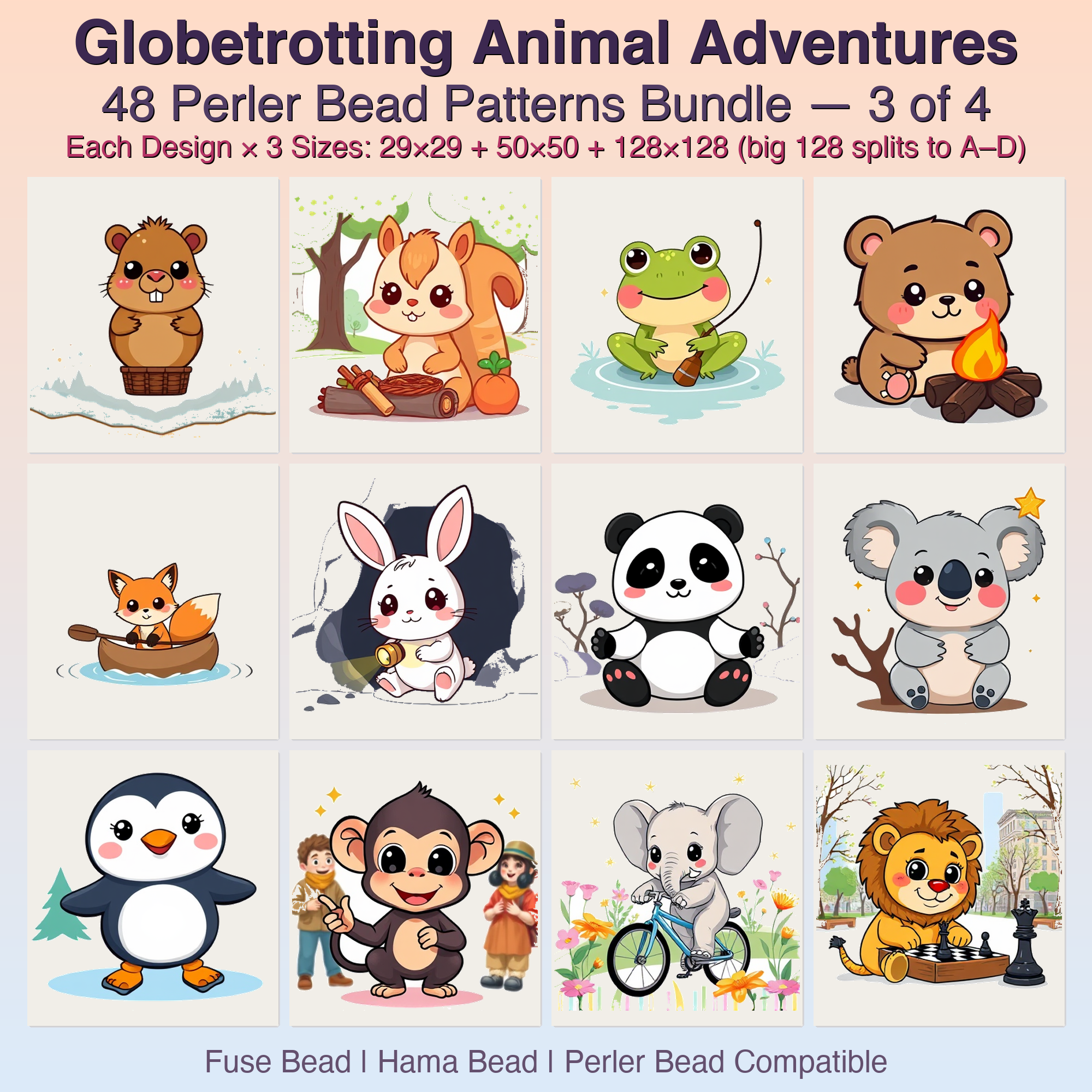 Globetrotting Animal Adventures Perler Bead Patterns, 48 Designs x 3 Grid Sizes (29x29 + 50x50 + 128x128), Fuse Bead PDF Digital Download